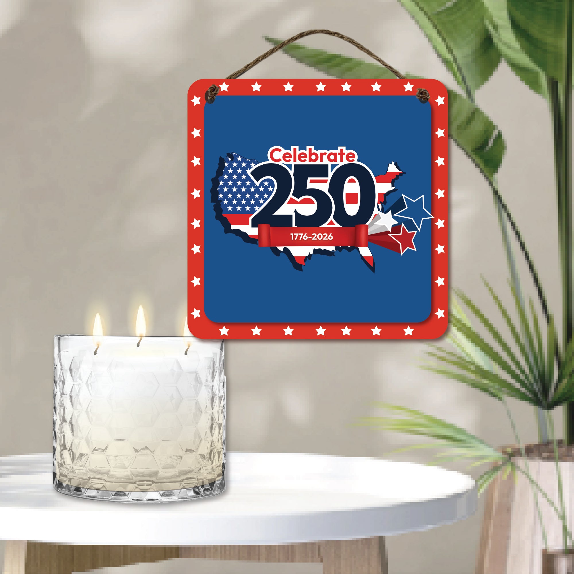 Celebrate 250 USA Overlay II 13.5 oz, 3 Wick Citronella Candle & USA Overlay II 10x10 Hanging Artboard Set with Wounded Warrior Project
