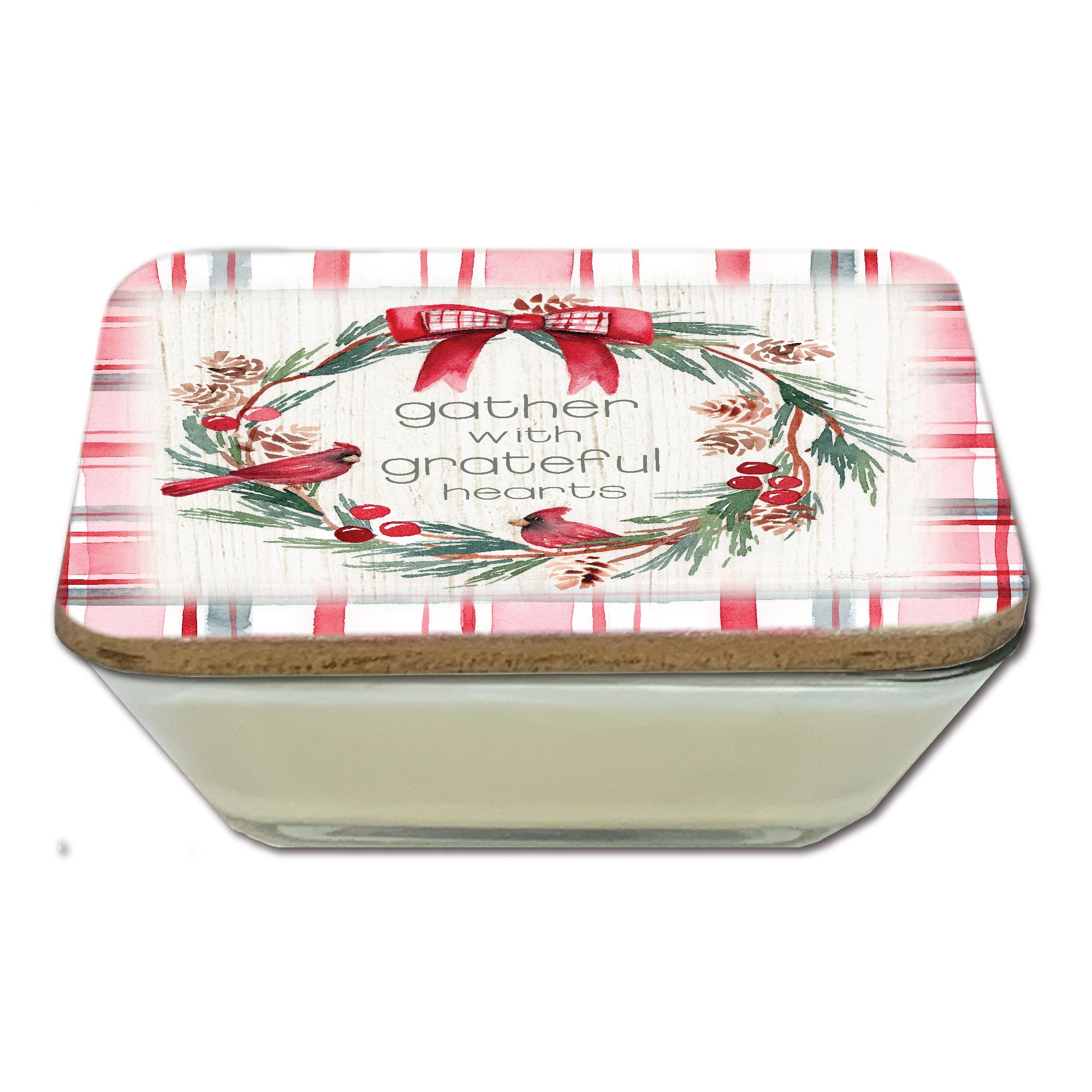 Gather Plaid Cardinal Wreath 6.5" x 6.5" Artboard Lid & 20 oz Candle Set