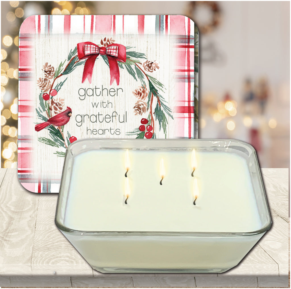Gather Plaid Cardinal Wreath 6.5" x 6.5" Artboard Lid & 20 oz Candle Set