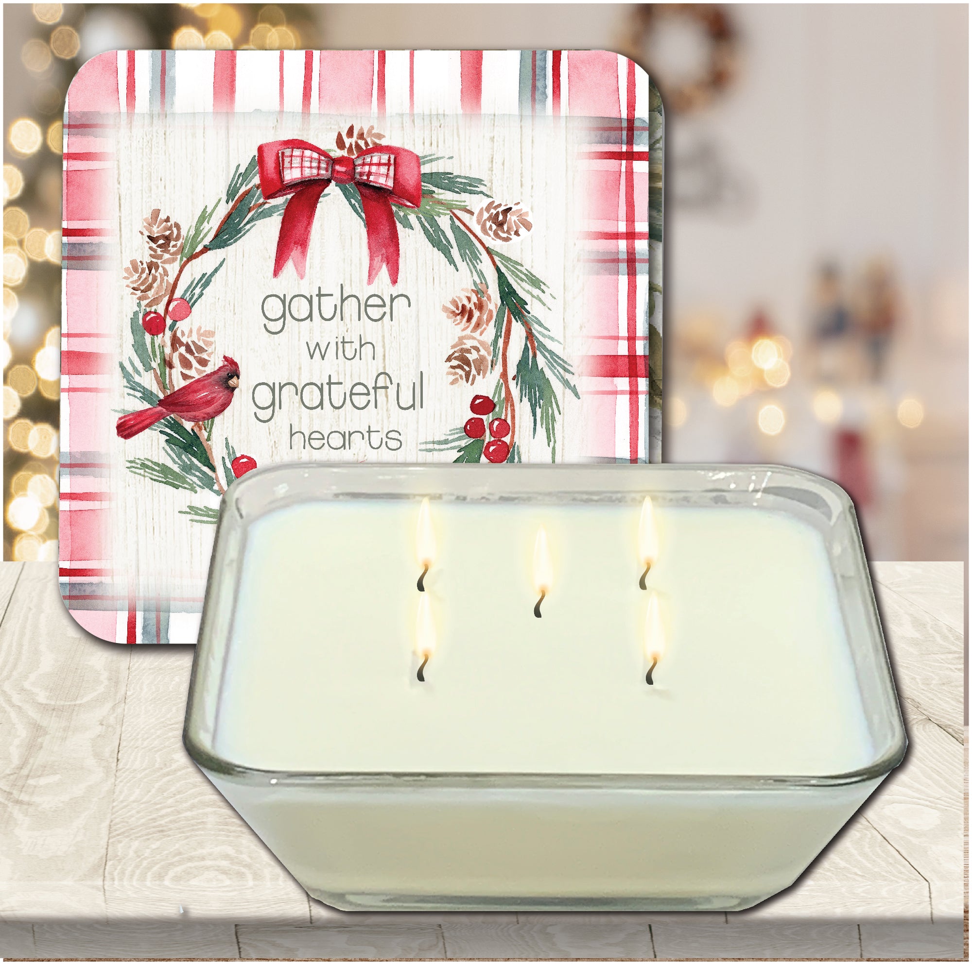 Gather Plaid Cardinal Wreath 6.5" x 6.5" Artboard Lid & 20 oz Candle Set