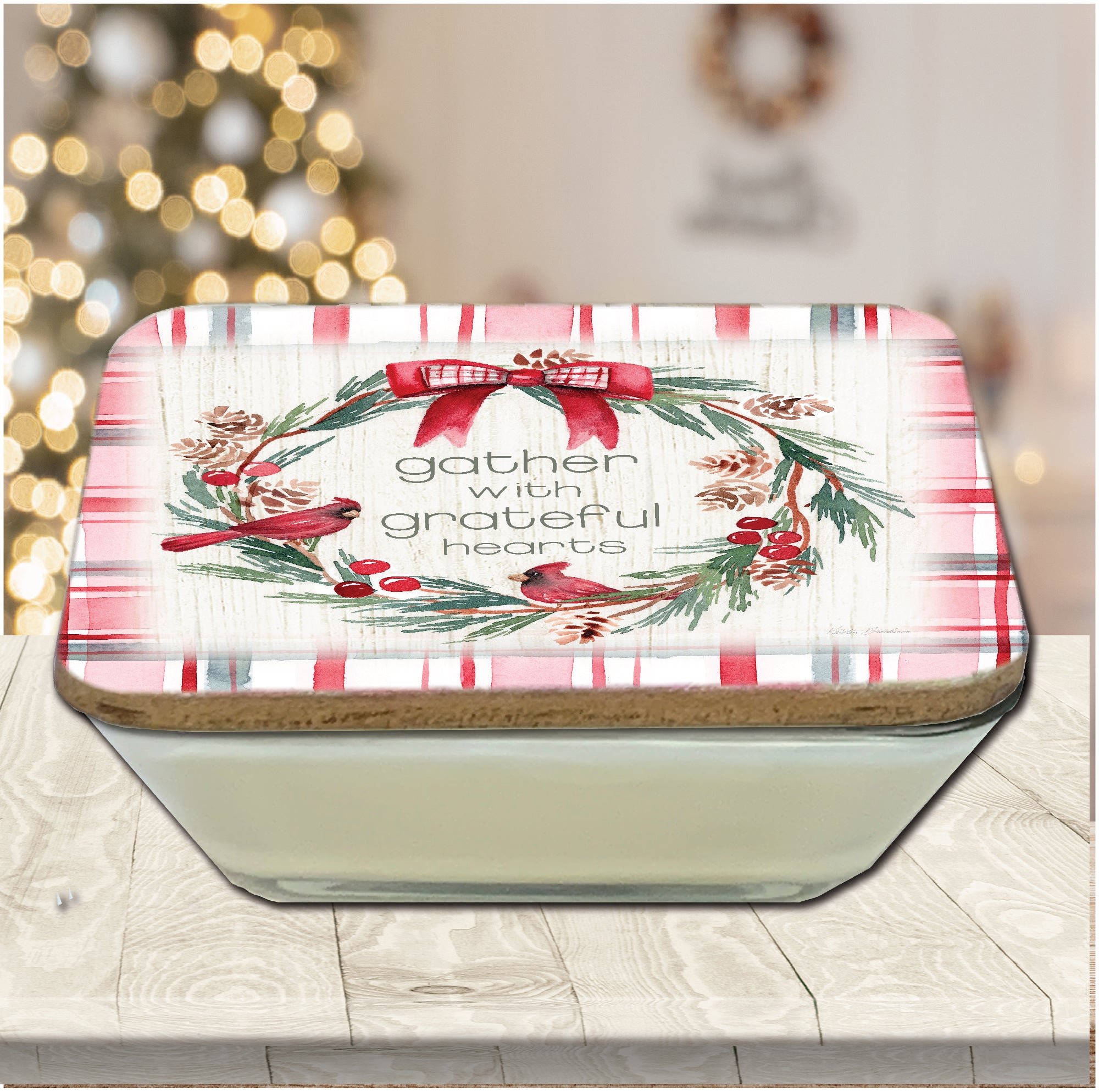 Gather Plaid Cardinal Wreath 6.5" x 6.5" Artboard Lid & 20 oz Candle Set
