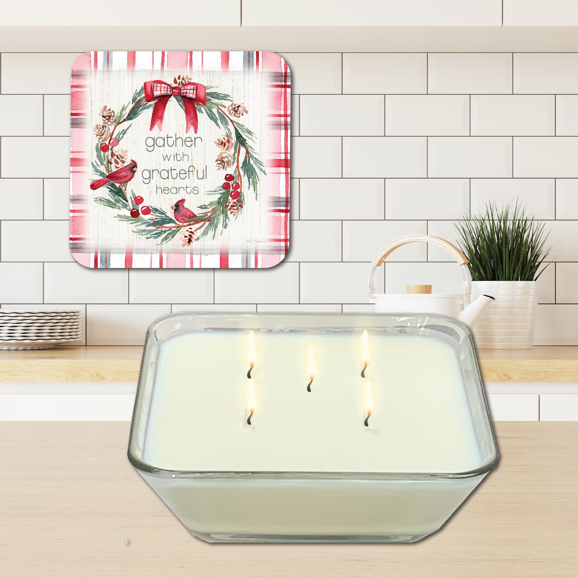 Gather Plaid Cardinal Wreath 6.5" x 6.5" Artboard Lid & 20 oz Candle Set