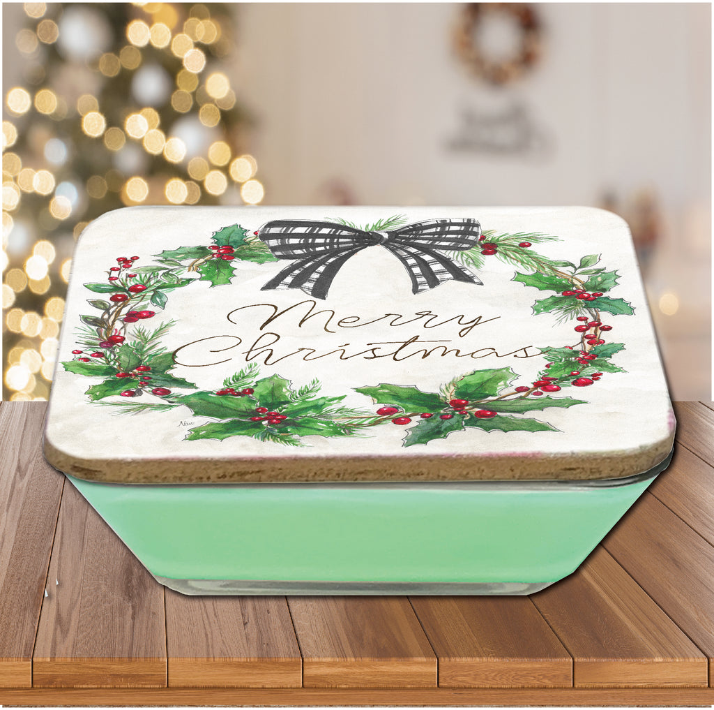 Merry Christmas Wreath 6.5" x 6.5" Artboard Lid & 20 oz Candle Set