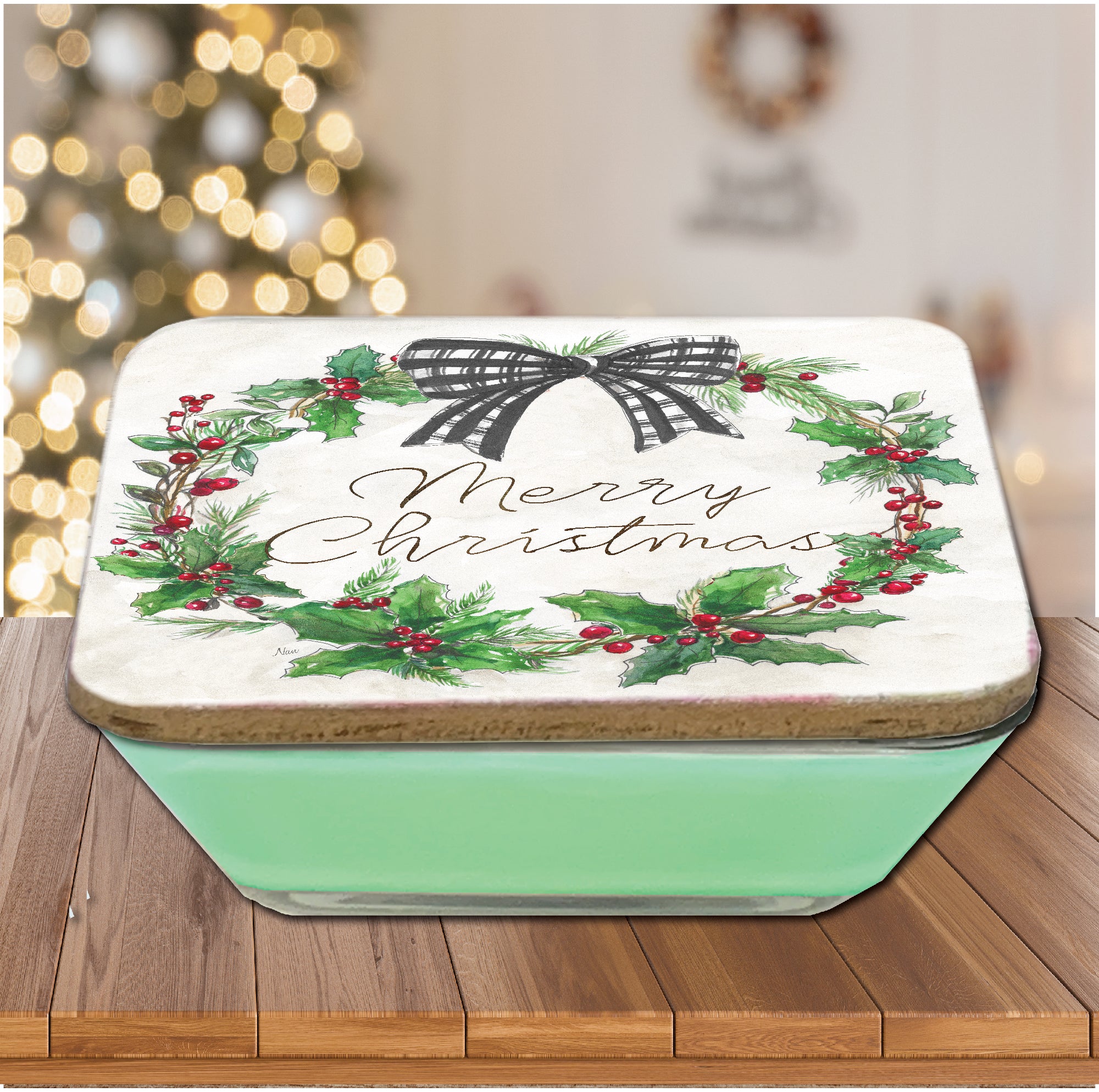 Merry Christmas Wreath 6.5" x 6.5" Artboard Lid & 20 oz Candle Set