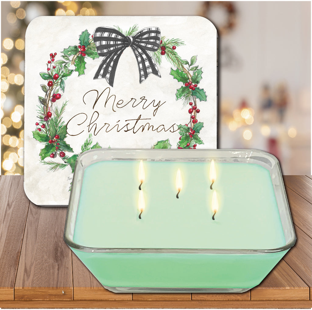 Merry Christmas Wreath 6.5" x 6.5" Artboard Lid & 20 oz Candle Set