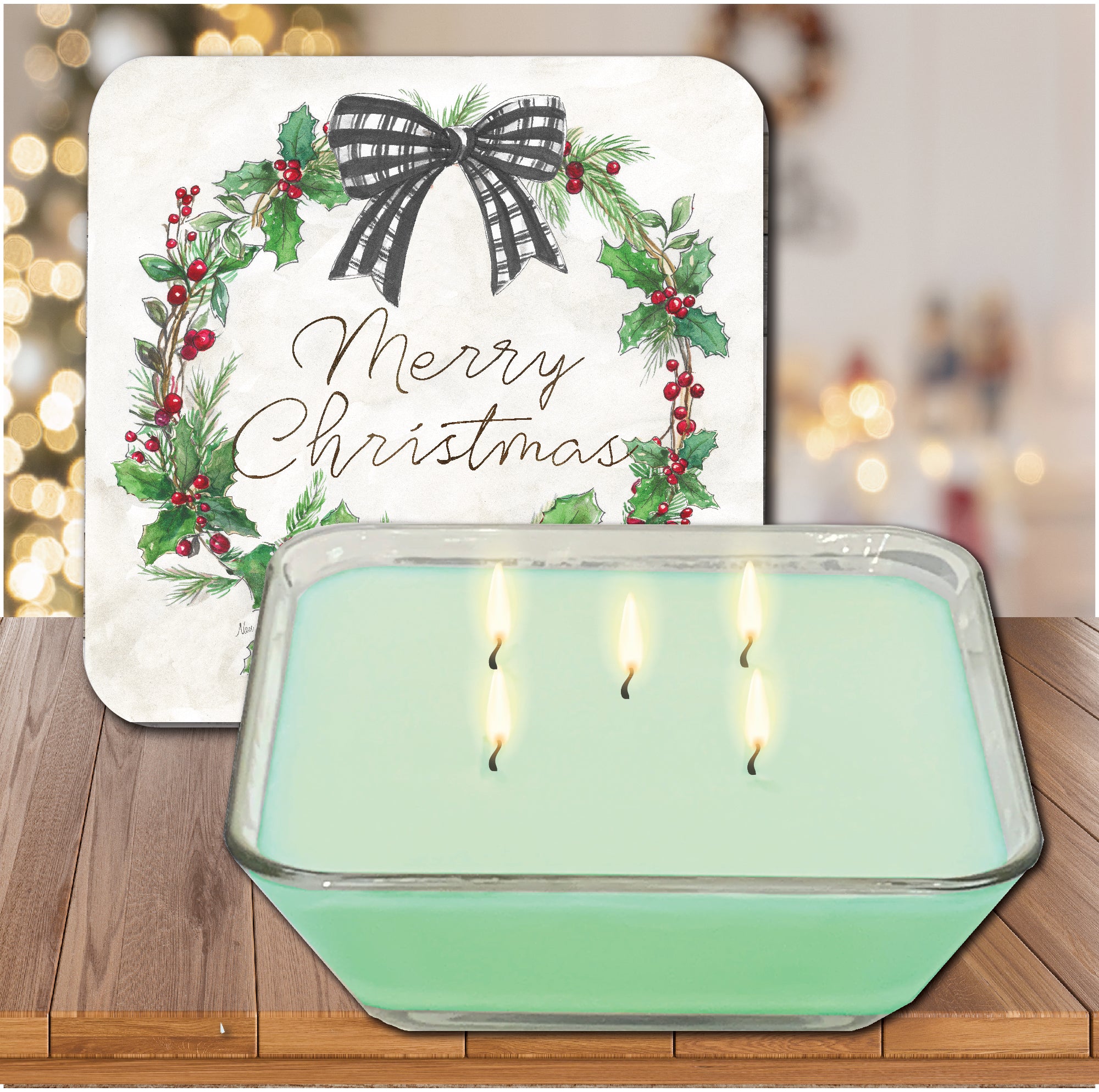 Merry Christmas Wreath 6.5" x 6.5" Artboard Lid & 20 oz Candle Set