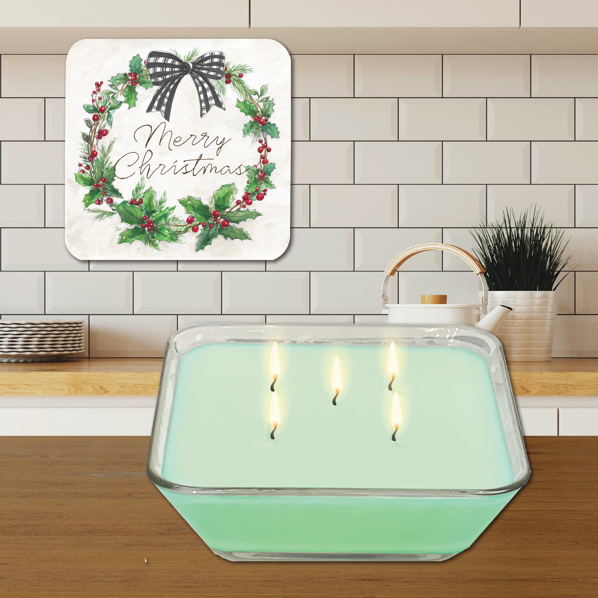 Merry Christmas Wreath 6.5" x 6.5" Artboard Lid & 20 oz Candle Set