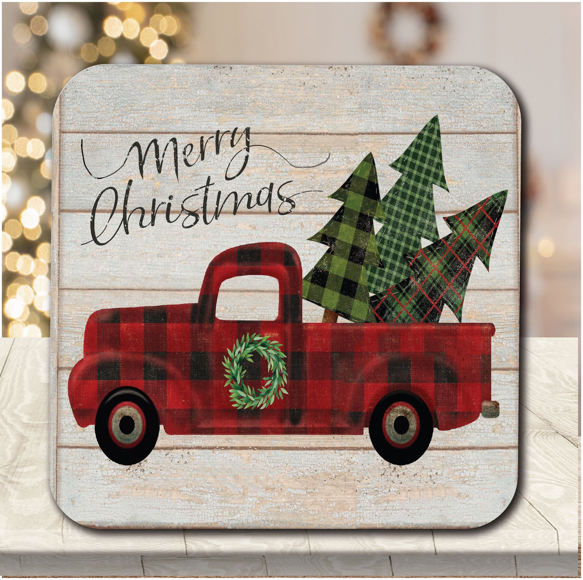 Red Truck Buffalo Checked 6.5" x 6.5" Artboard Lid & 20 oz Candle Set