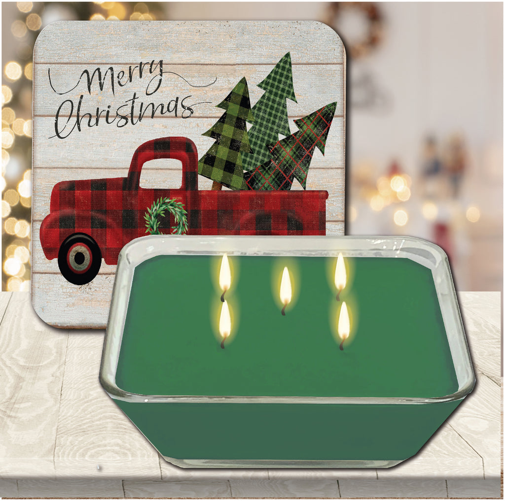 Red Truck Buffalo Checked 6.5" x 6.5" Artboard Lid & 20 oz Candle Set