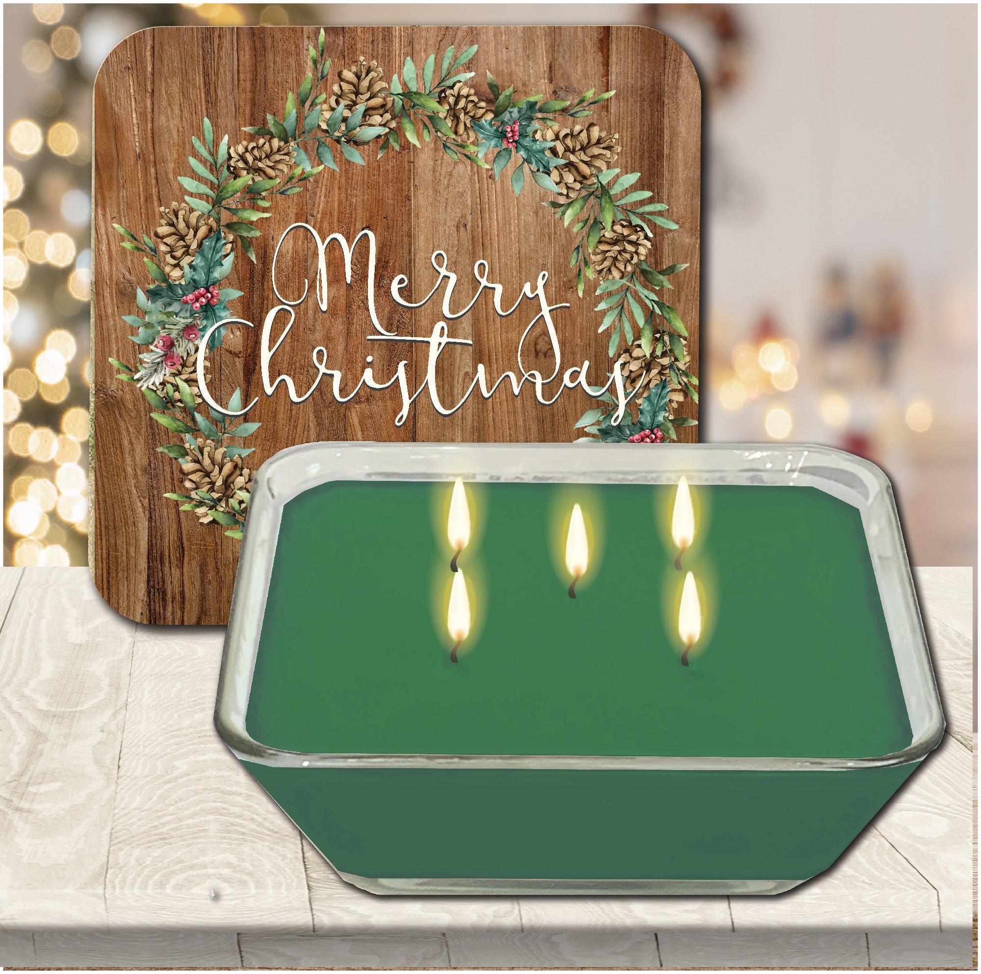 Cotton and Greens Wreath 6.5" x 6.5" Artboard Lid & 20 oz Candle Set