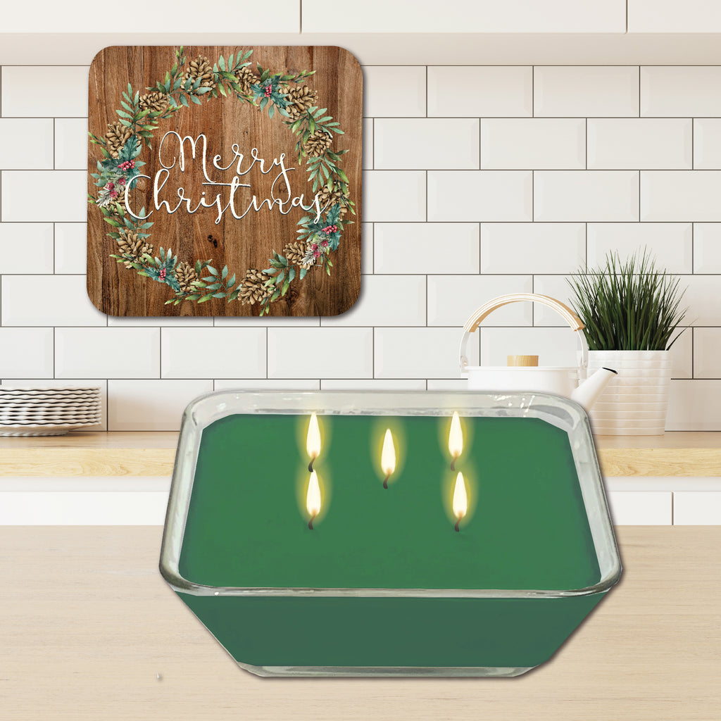 Cotton and Greens Wreath 6.5" x 6.5" Artboard Lid & 20 oz Candle Set