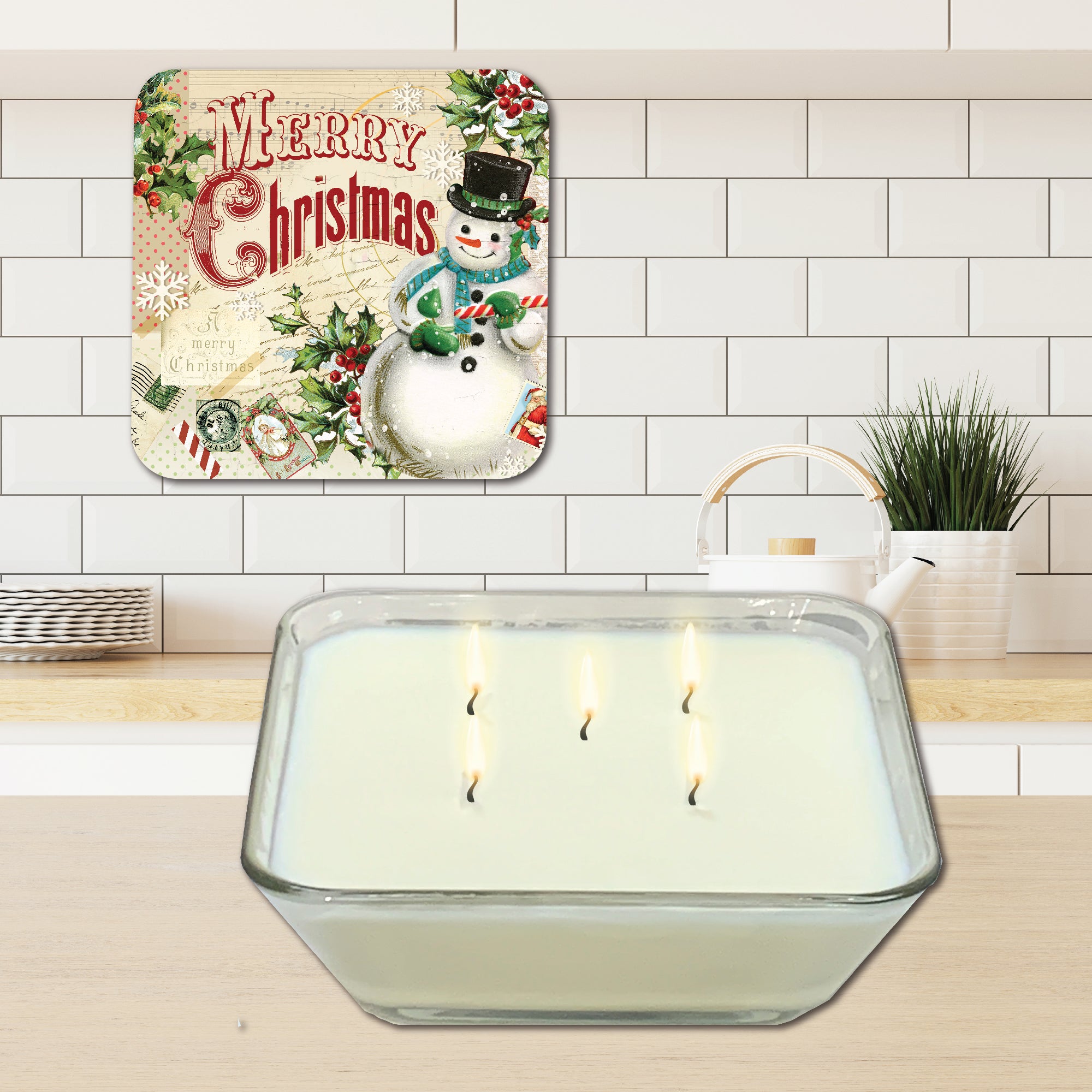 Merry Christmas Snowman 6.5" x 6.5" Artboard Lid & 20 oz Candle Set