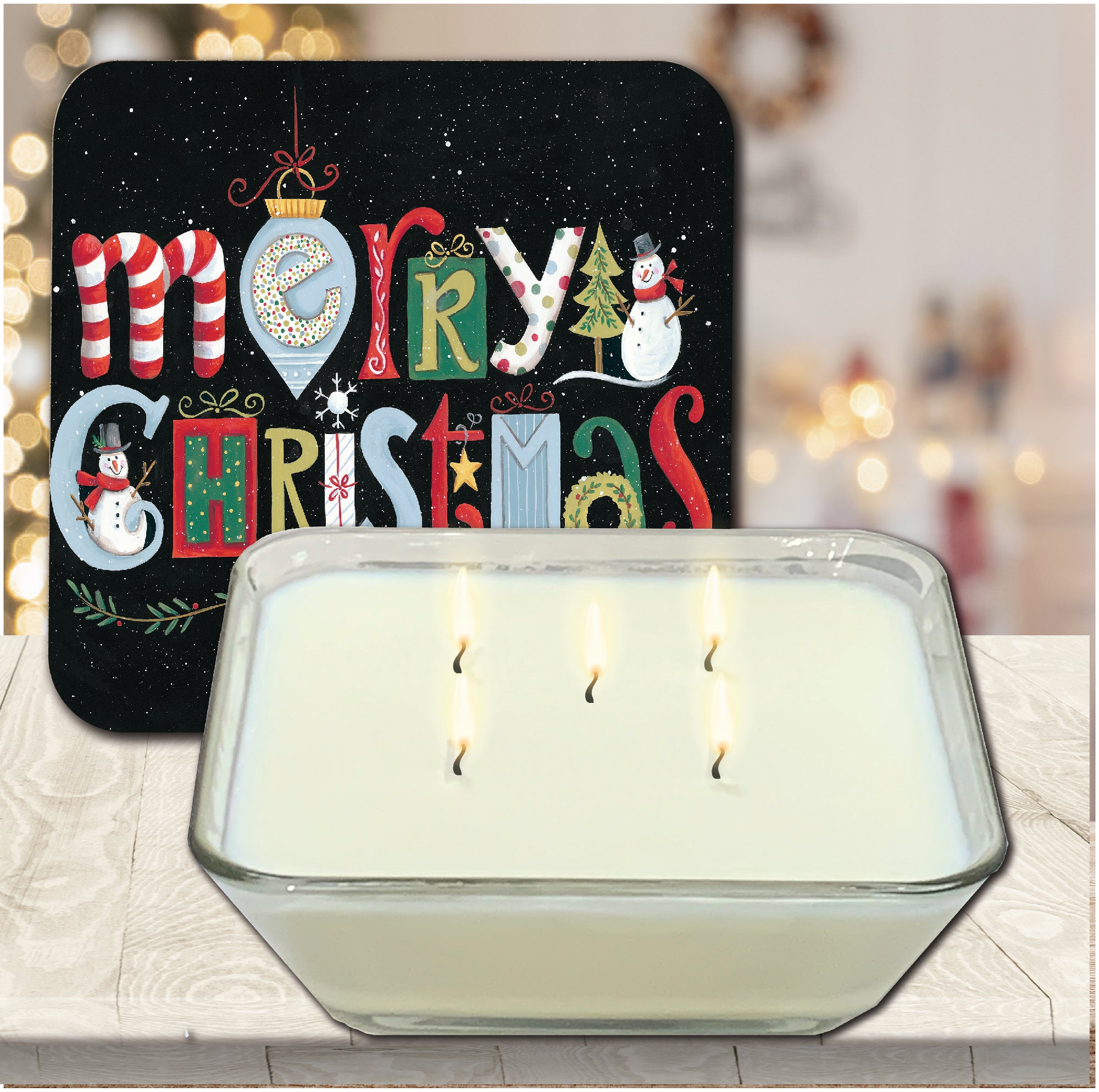 Merry Christmas 6.5" x 6.5" Artboard Lid & 20 oz Candle Set