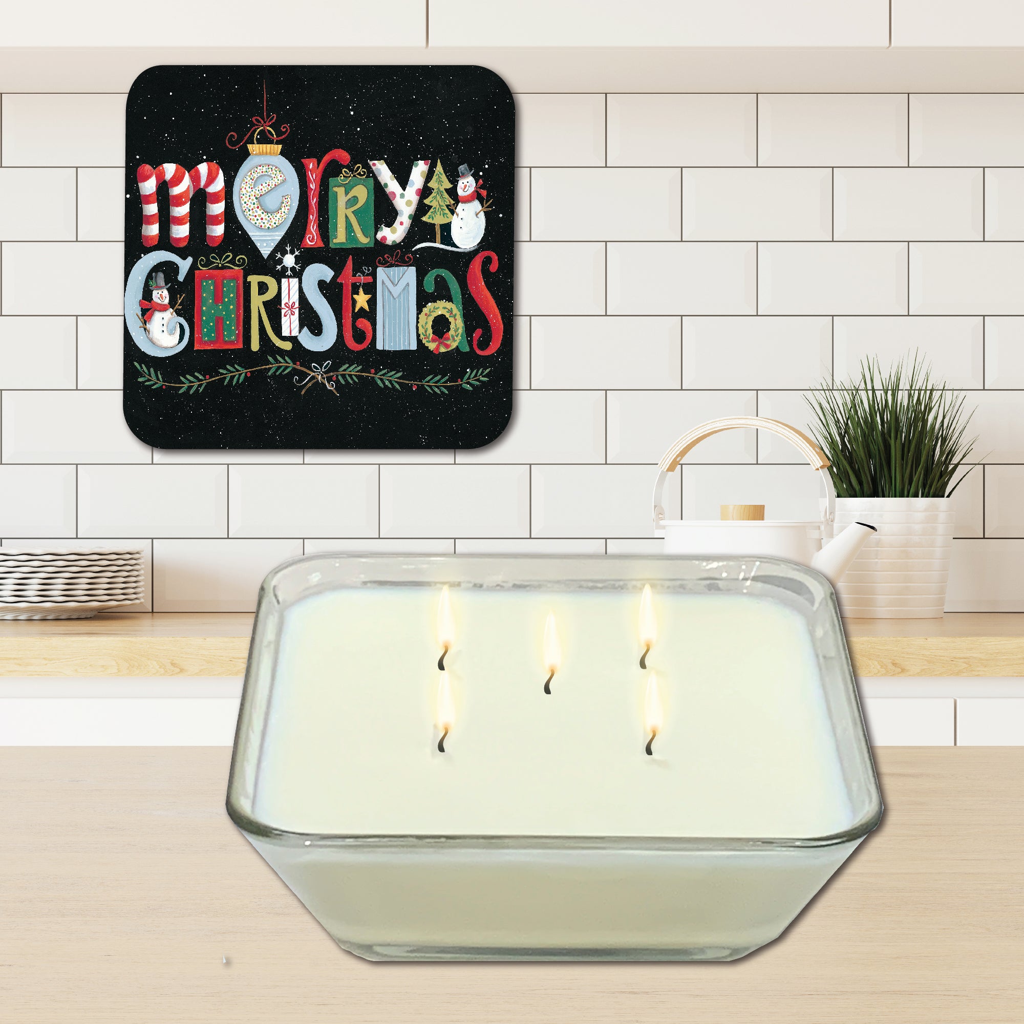 Merry Christmas 6.5" x 6.5" Artboard Lid & 20 oz Candle Set