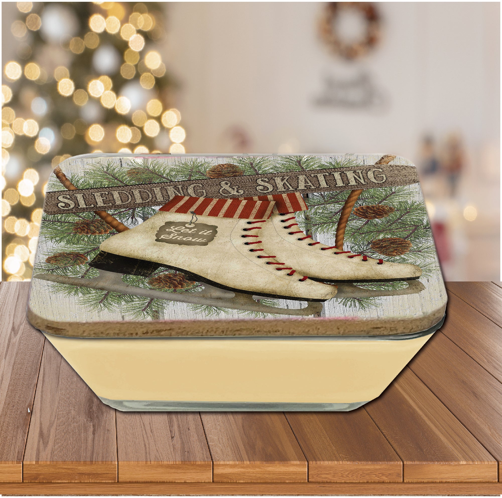Let it Snow Ice Skates 6.5" x 6.5" Artboard Lid & 20 oz Candle Set