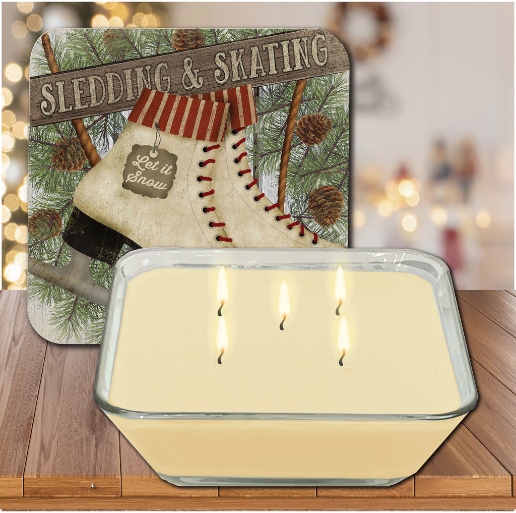 Let it Snow Ice Skates 6.5" x 6.5" Artboard Lid & 20 oz Candle Set