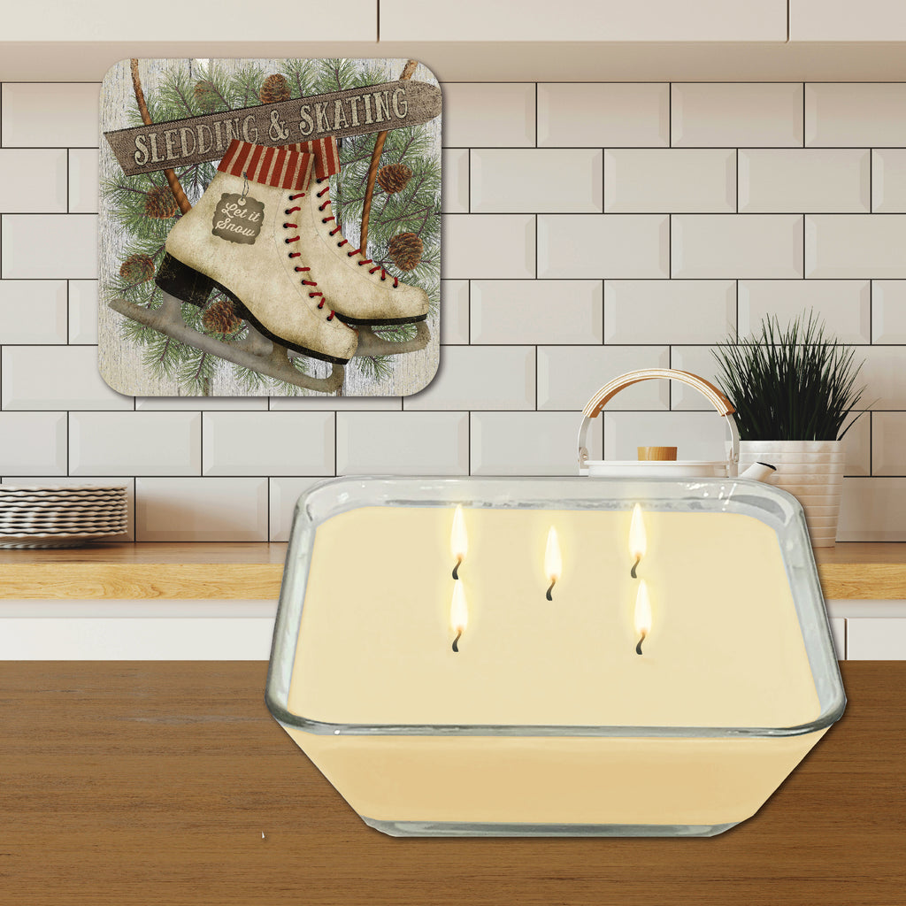 Let it Snow Ice Skates 6.5" x 6.5" Artboard Lid & 20 oz Candle Set