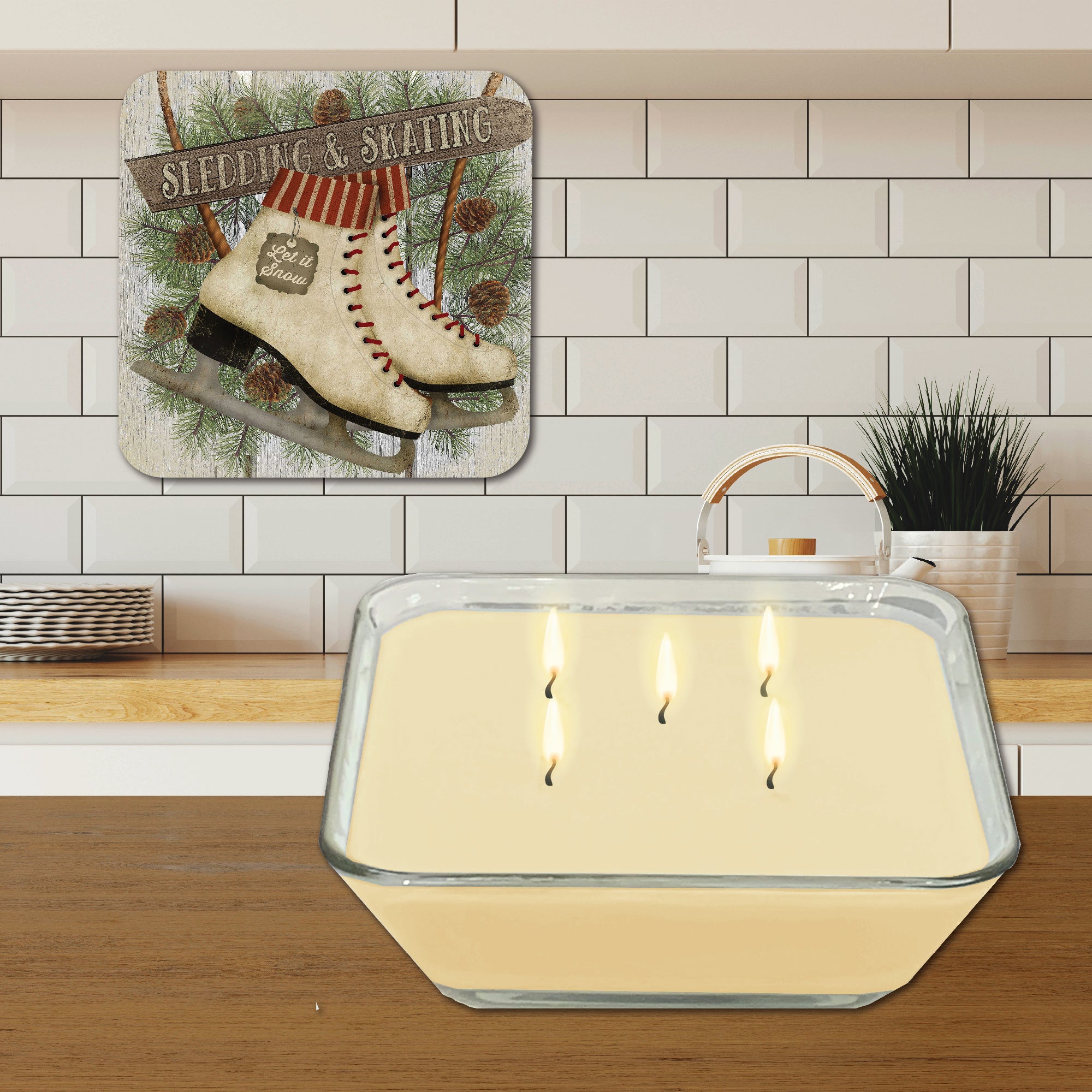 Let it Snow Ice Skates 6.5" x 6.5" Artboard Lid & 20 oz Candle Set