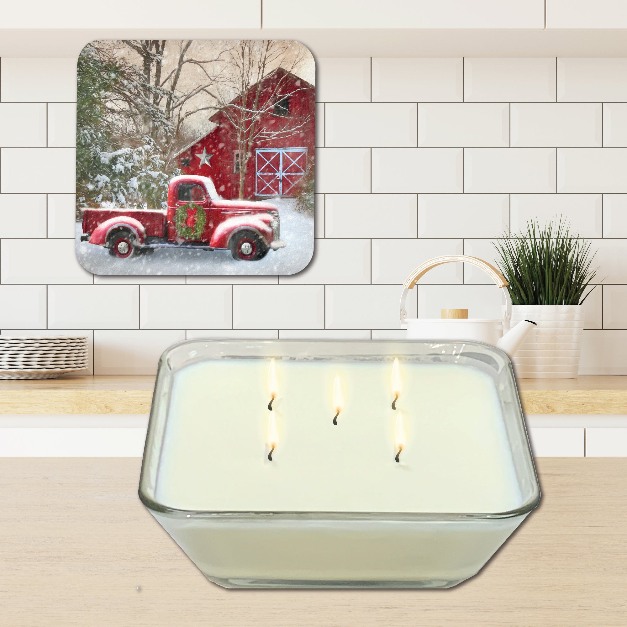 Barn with Truck 6.5" x 6.5" Artboard Lid & 20 oz Candle Set