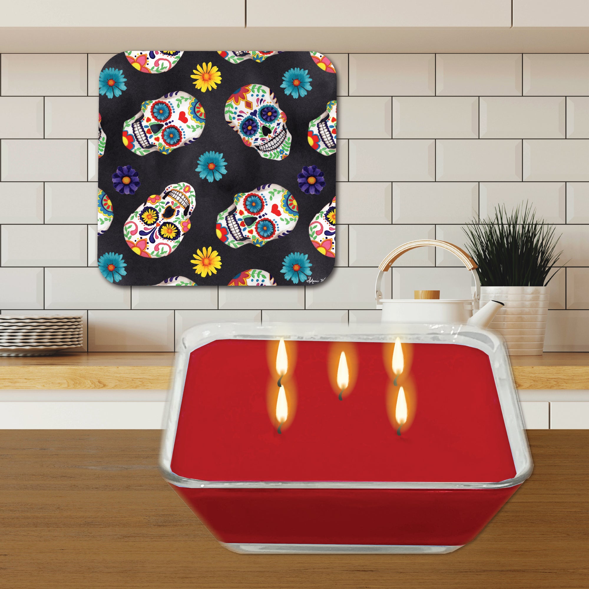 Sugar Skull Pattern 6.5"x6.5" Artboard Lid & 20 oz Candle Set