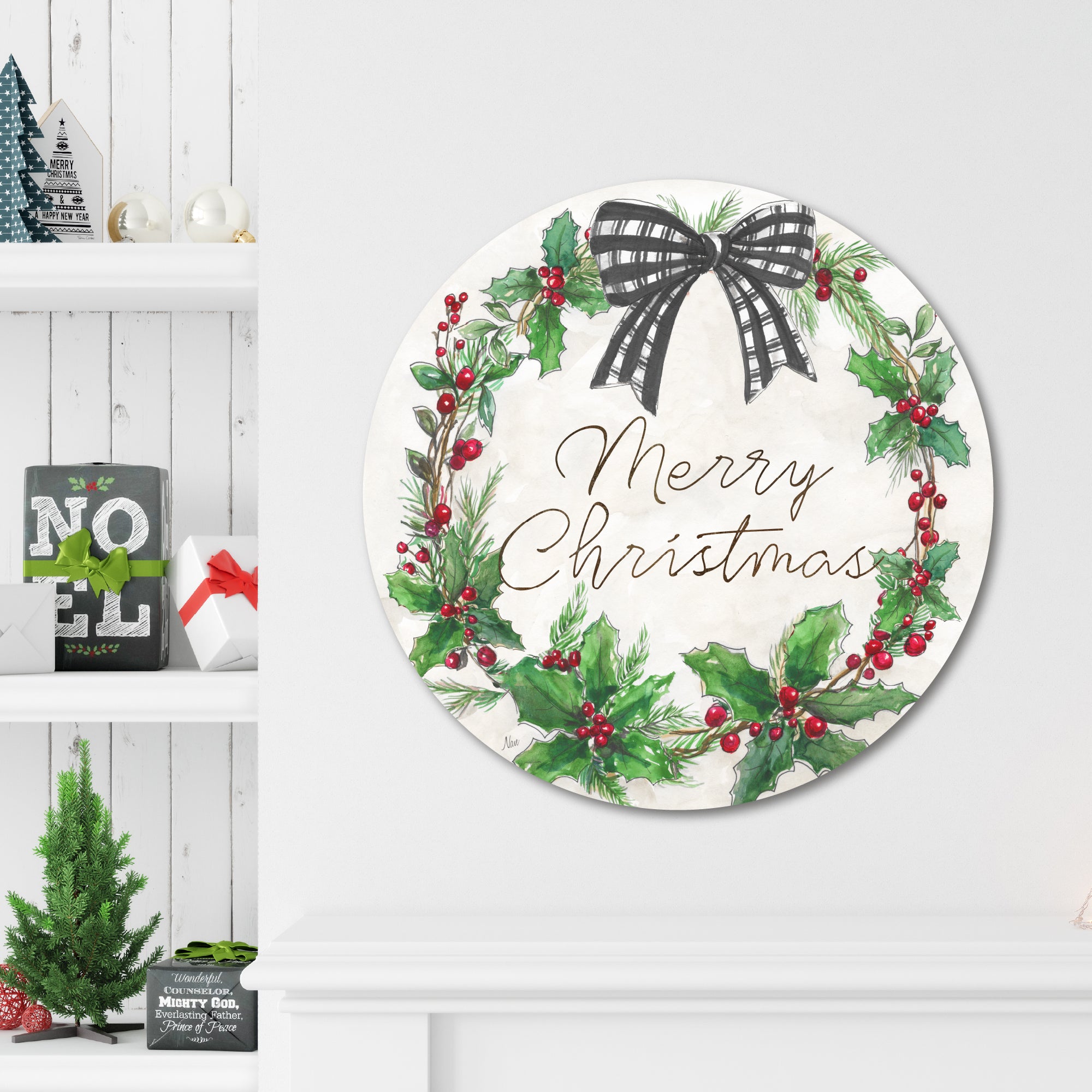 Merry Christmas Wreath Circular Wood Decor