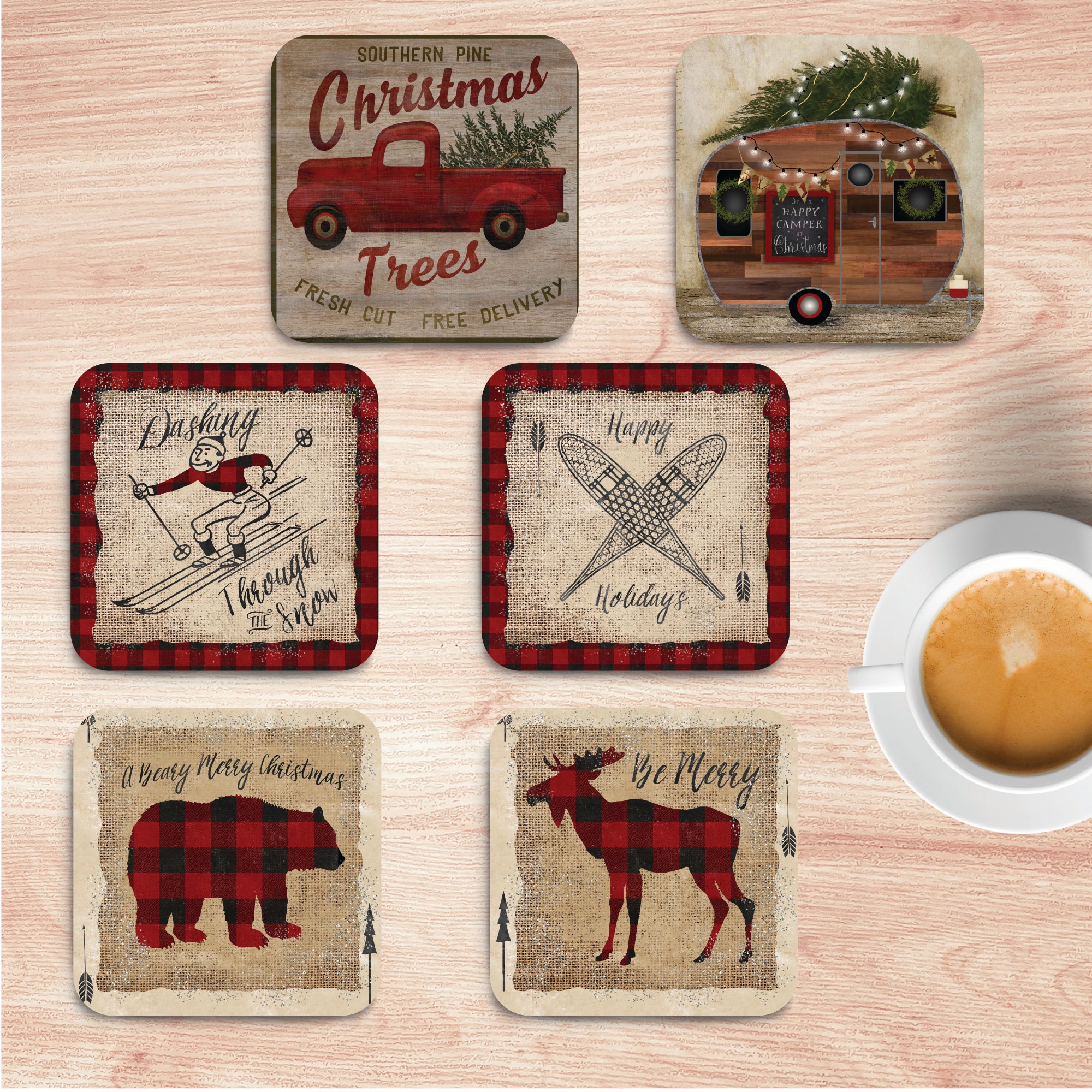 Christmas at the Cabin 4_ Square Ceramic Coasters - Set of 6