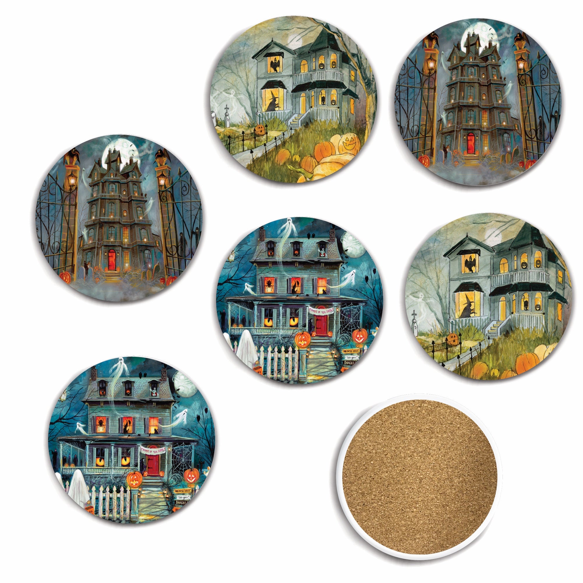 Haunting House 4" Circle Ceramic Coasters - Set of 6