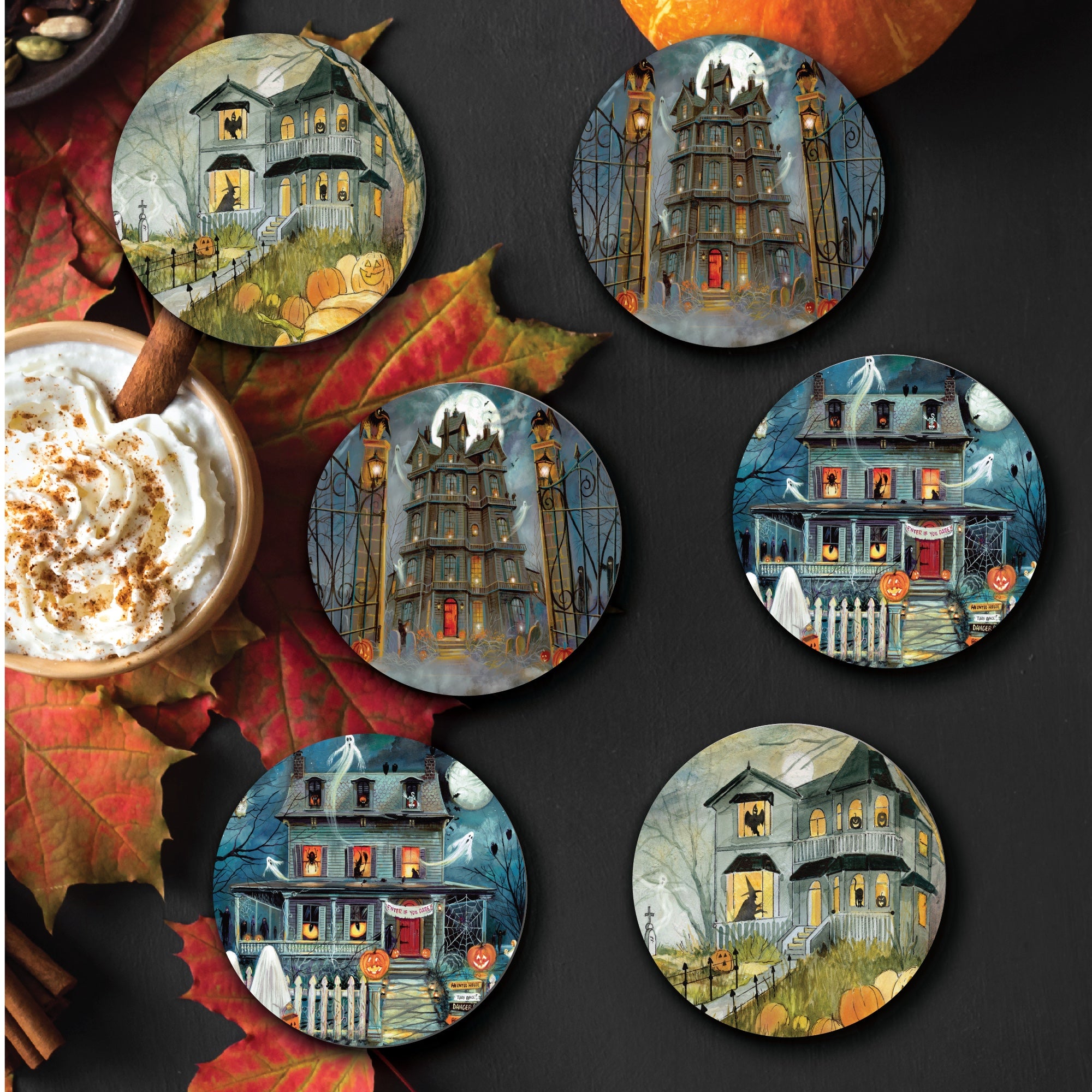 Haunting House 4" Circle Ceramic Coasters - Set of 6