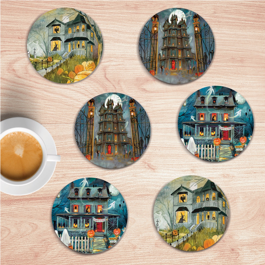 Haunting House 4" Circle Ceramic Coasters - Set of 6