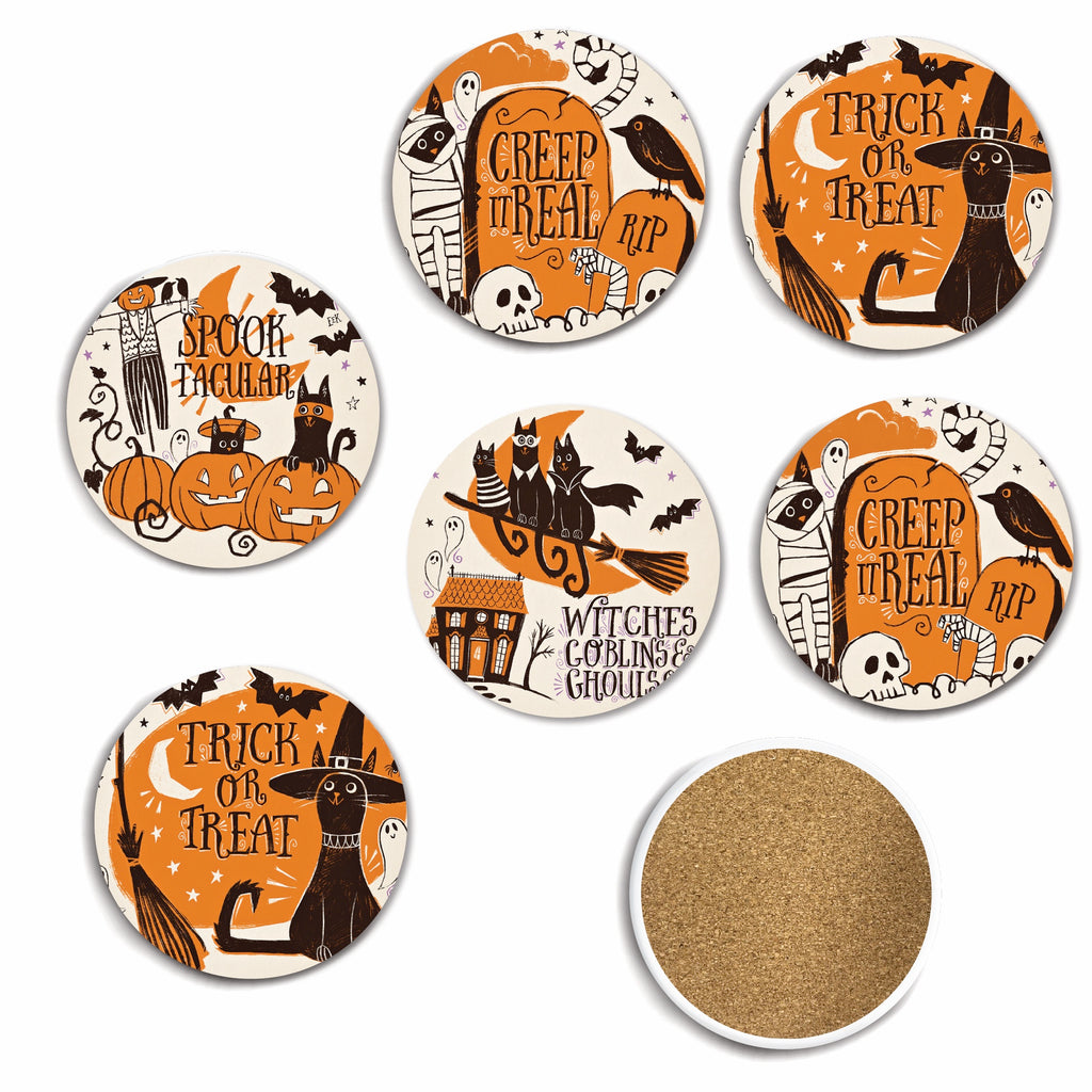 Spooktacular 4" Circle Ceramic Coasters - Set of 6