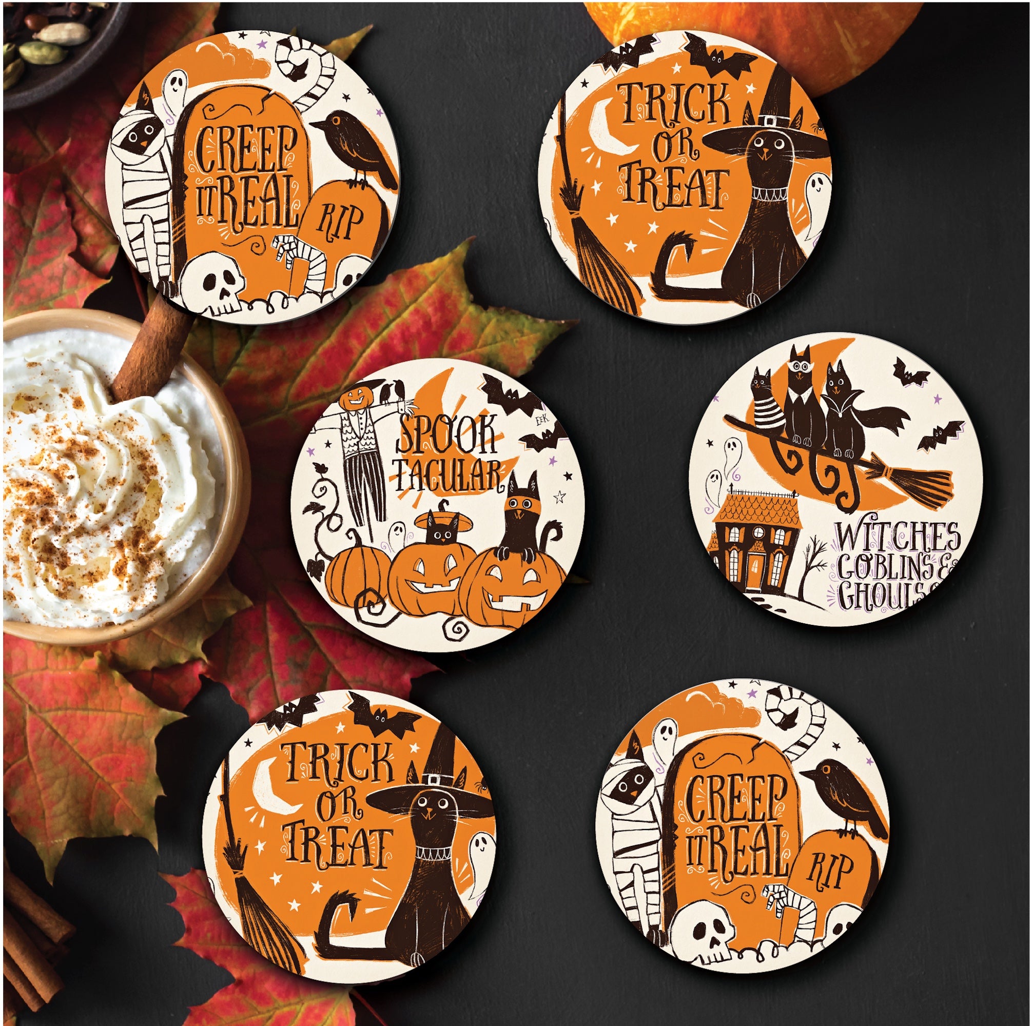 Spooktacular 4" Circle Ceramic Coasters - Set of 6