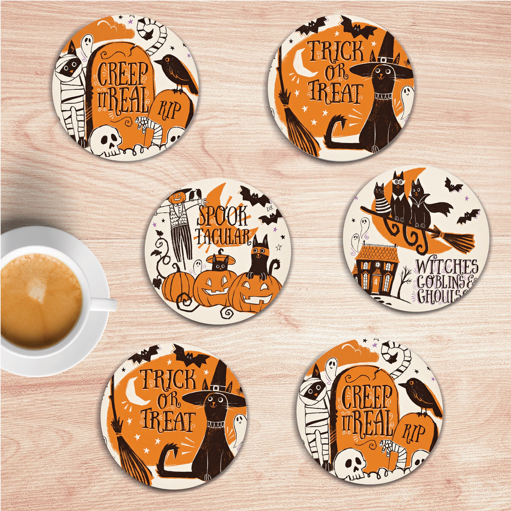 Spooktacular 4" Circle Ceramic Coasters - Set of 6