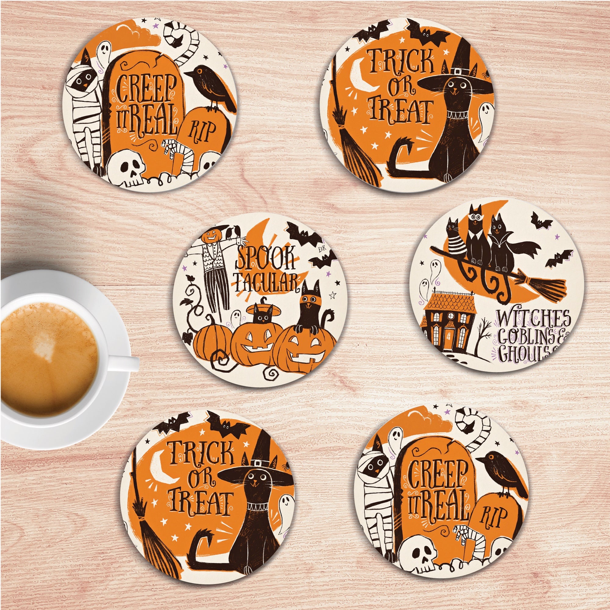 Spooktacular 4" Circle Ceramic Coasters - Set of 6