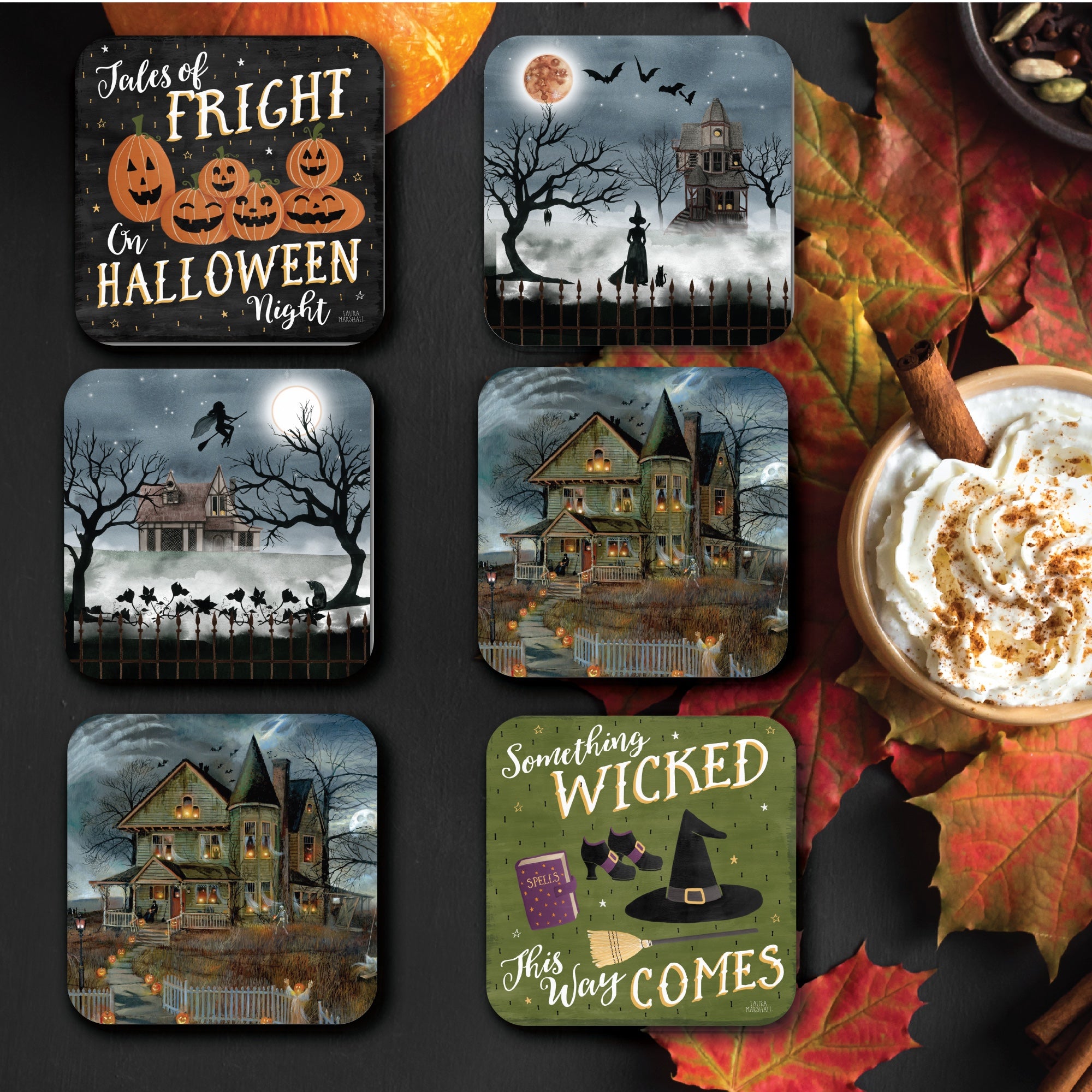 Spooky 4" Square Ceramic Coasters - Set of 6