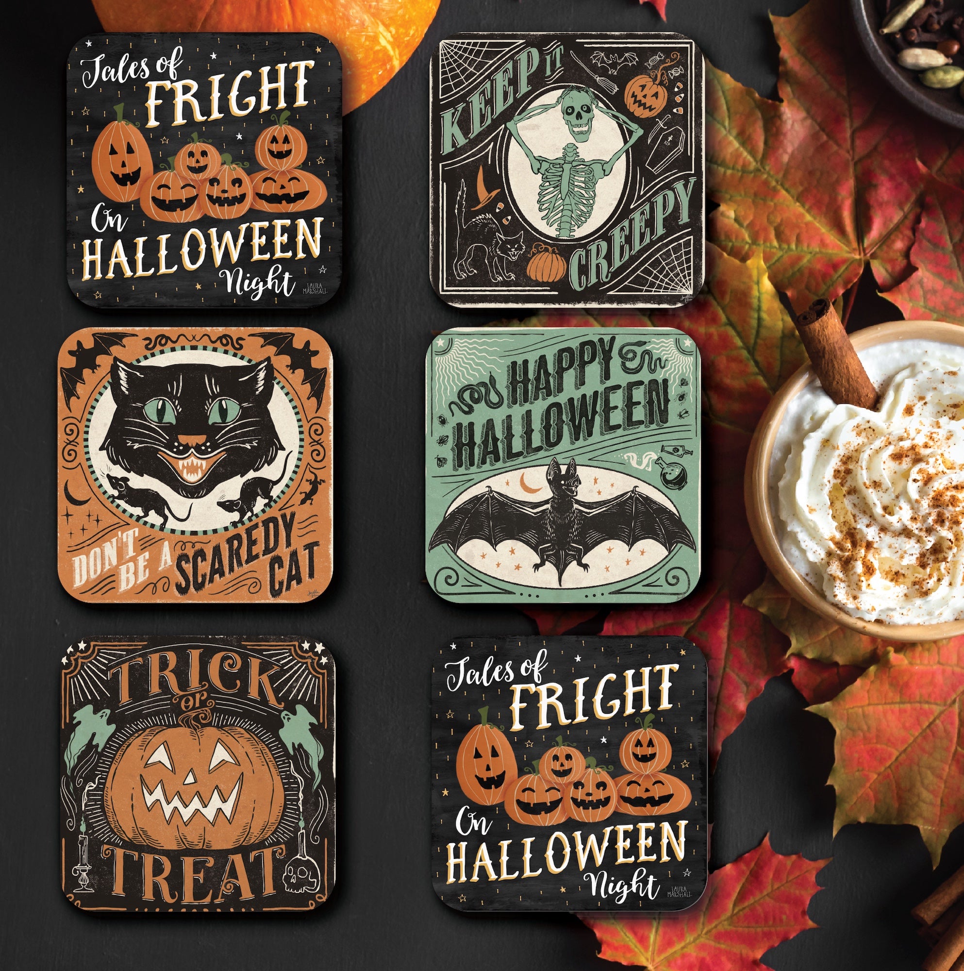 Scaredy Cats 4" Square Ceramic Coasters - Set of 6