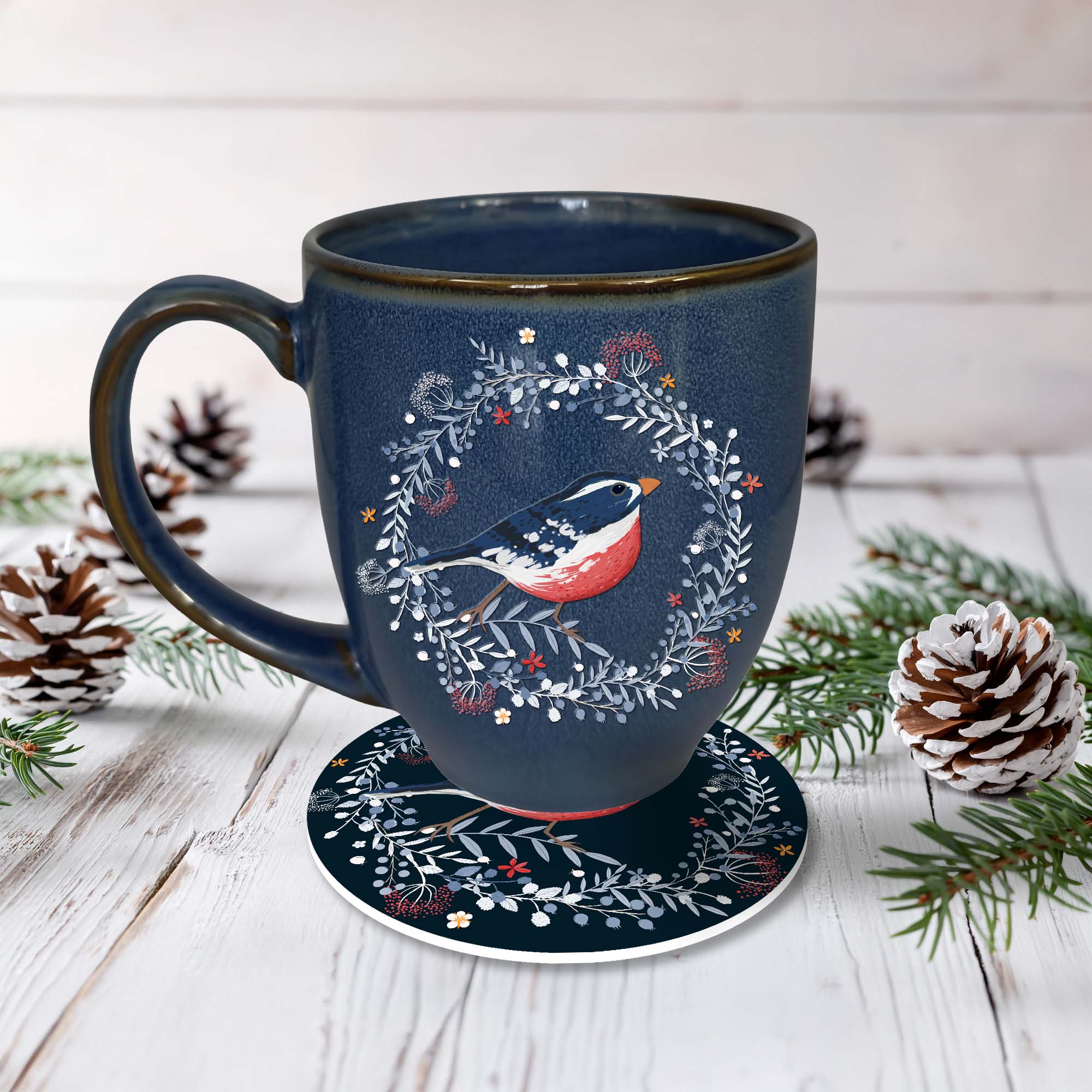Studio Series - Winter Wreath 16 oz Artisan Ceramic Mug & Coaster Set