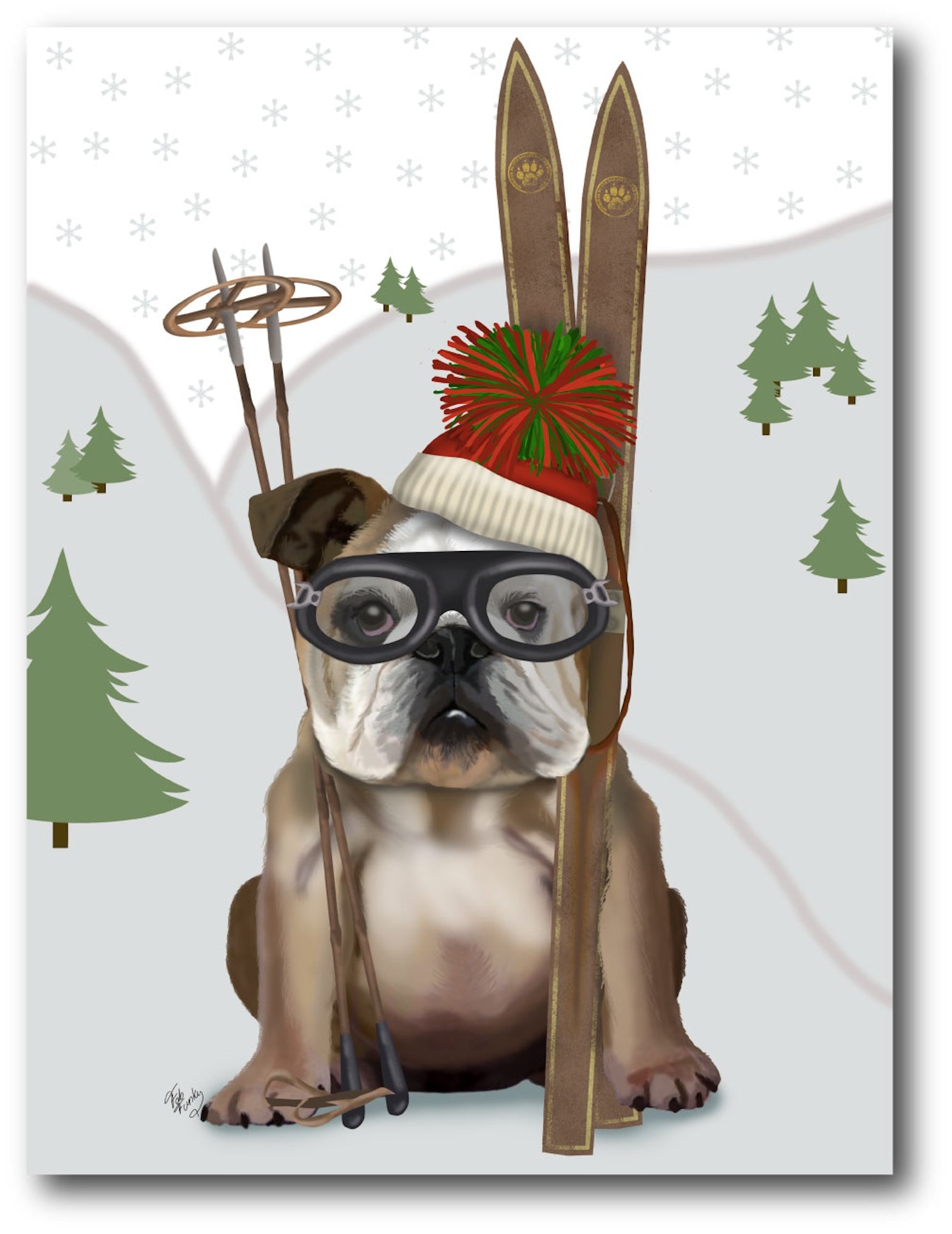 Skiing Bulldog Gallery-Wrapped Canvas Wall Art
