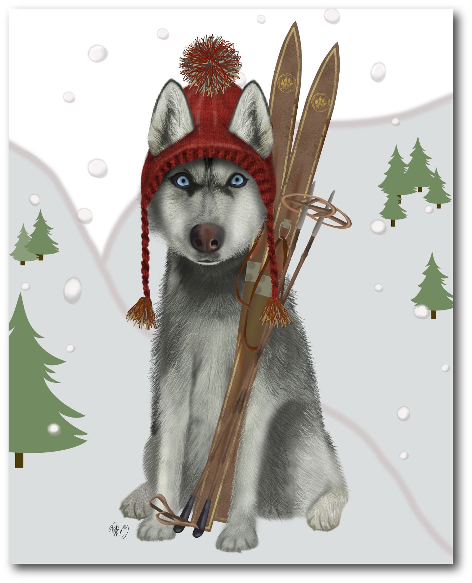 Skiing Siberian Husky Gallery-Wrapped Canvas Wall Art