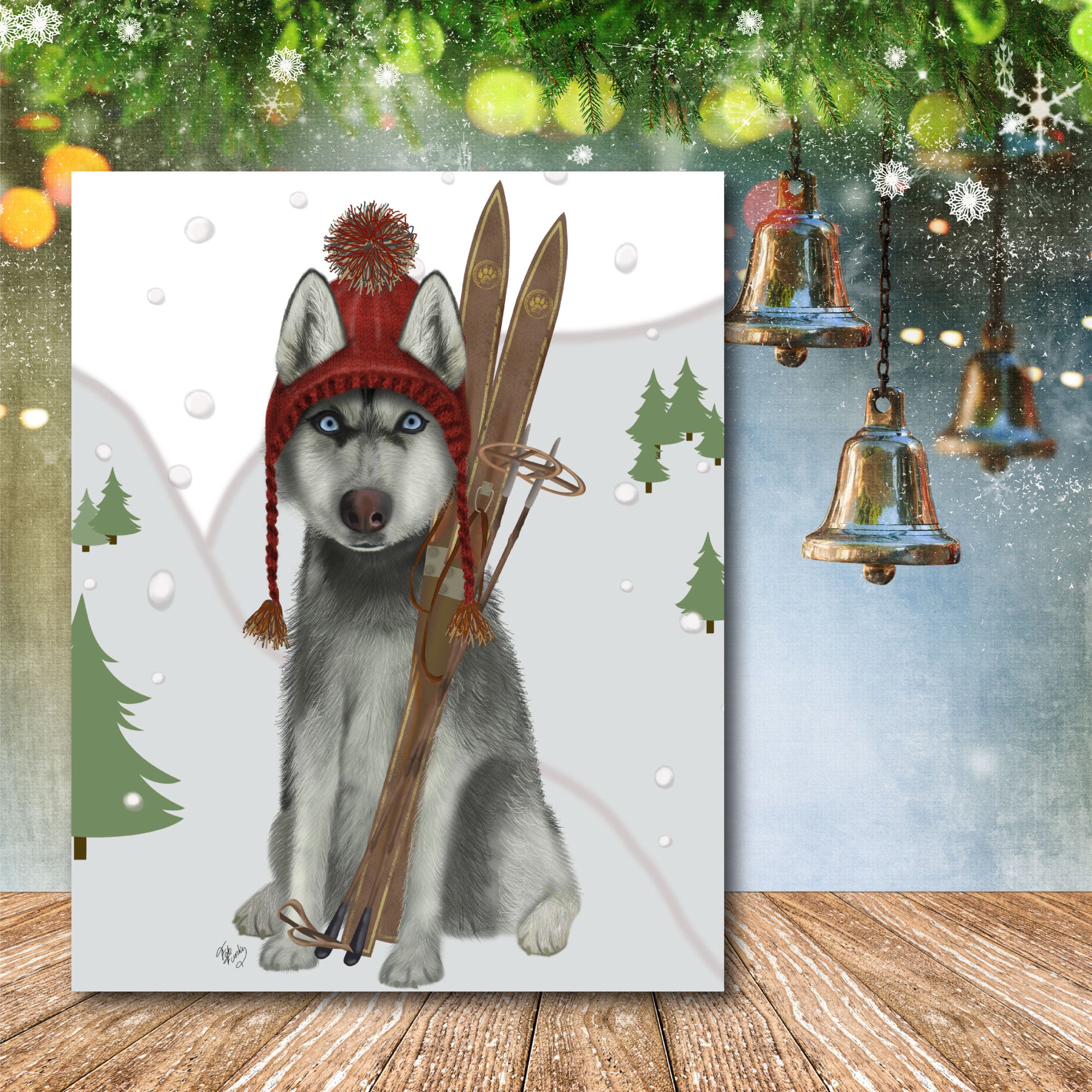 Skiing Siberian Husky Gallery-Wrapped Canvas Wall Art