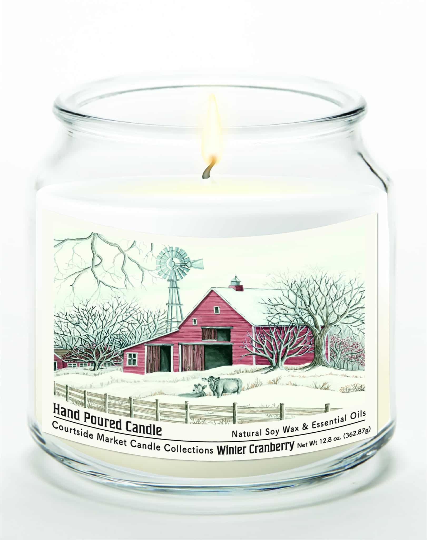 Winter Barn with Mill 12.8oz Winter Cranberry Soy Wax Candle Glass Jar with Silver Metal Lid