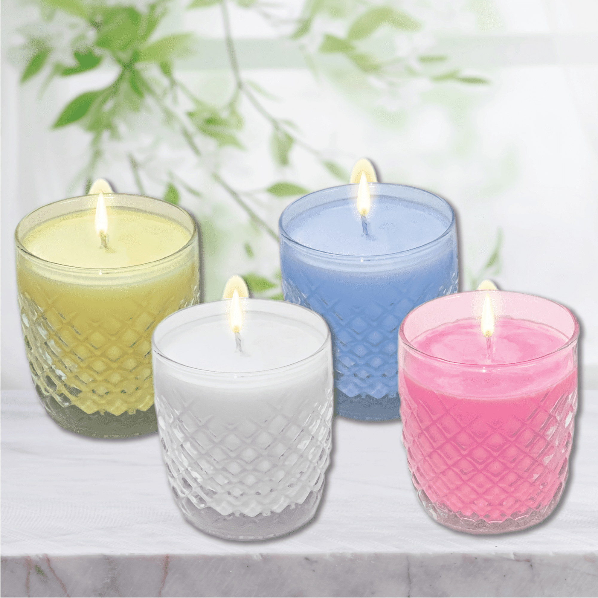 Carolina Cozy Pick 🐝🌺~ 4 Piece 9.5oz Fragrant Soy Wax Candle & Decorative Glass Set~Pastels III