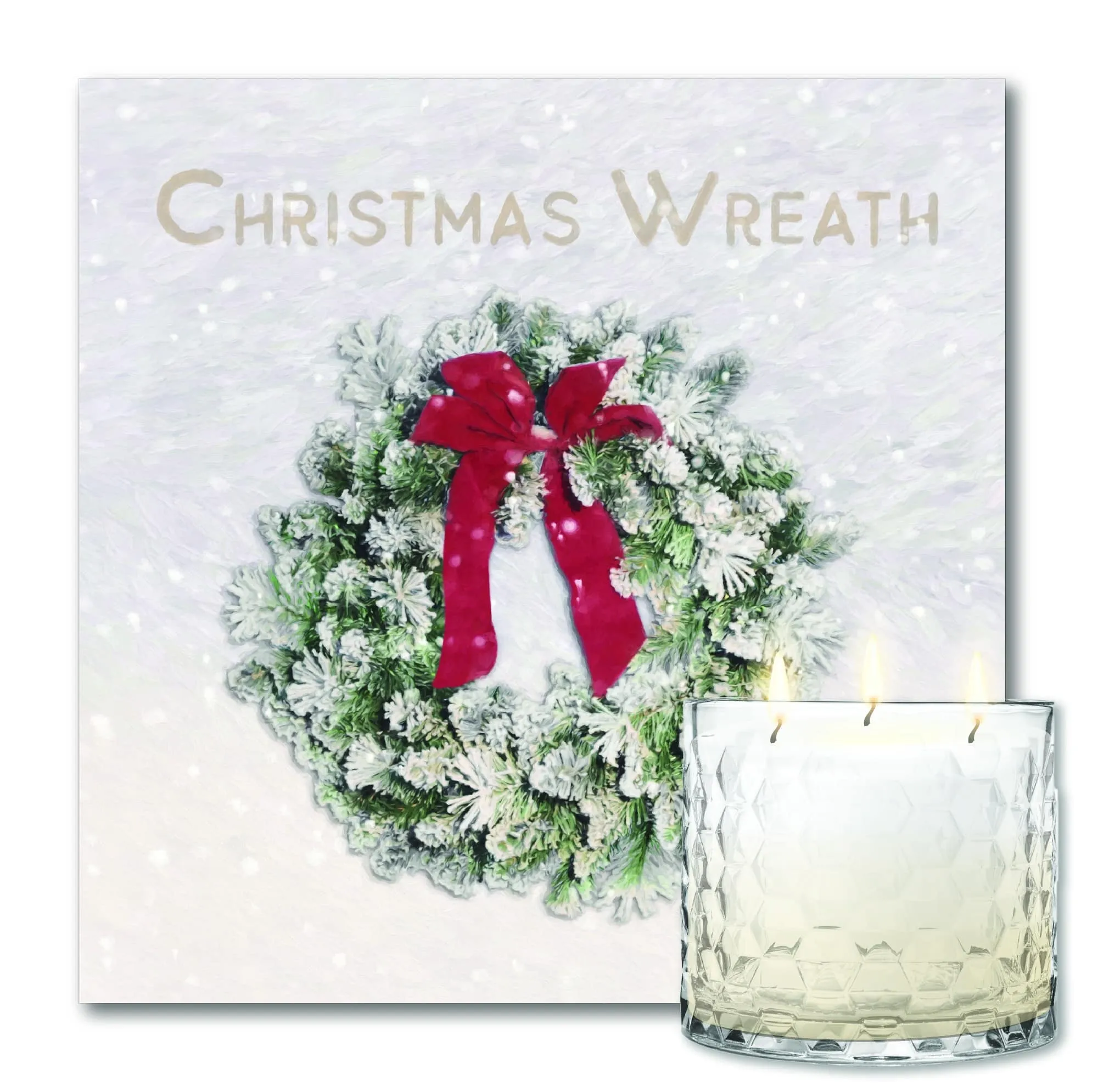 Christmas Wreath 12″ Artboard & 3-Wick 13.5oz Evergreen Soy Wax Candle Set