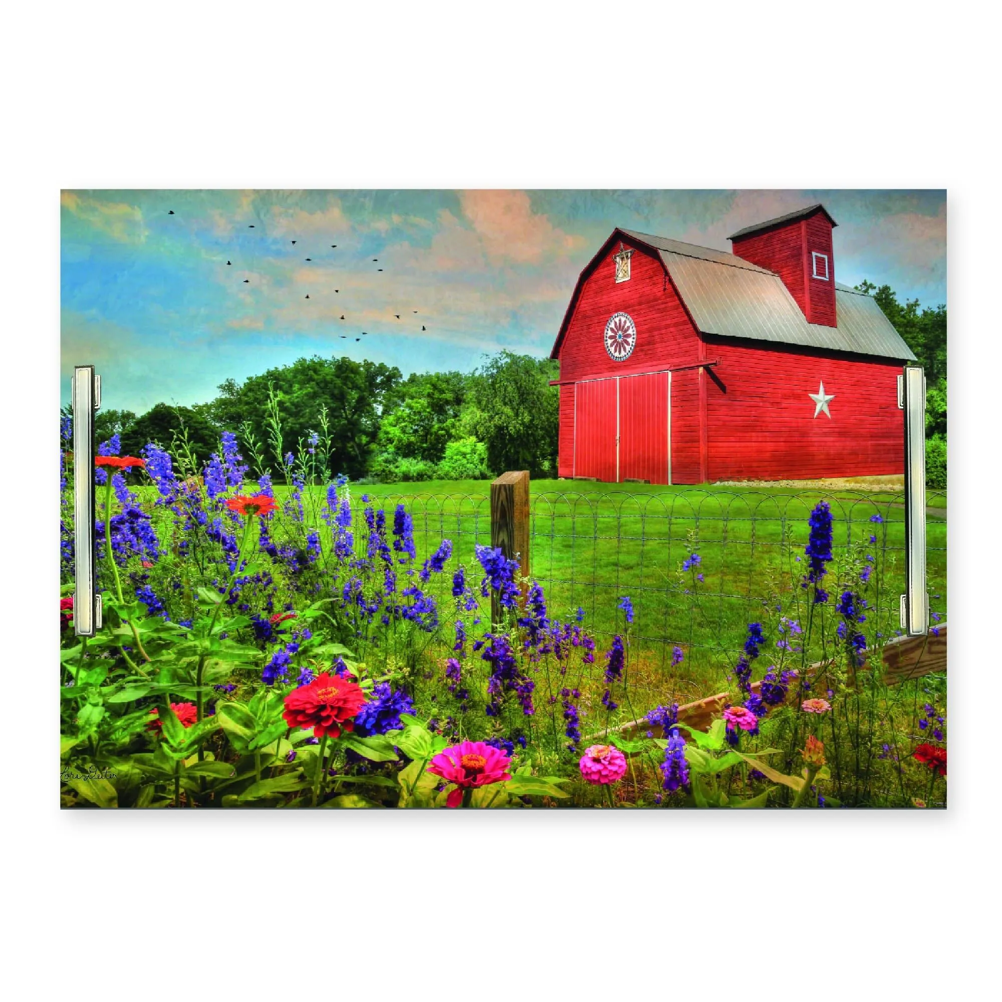 Wild flowers with red barn 14"x20" Indoor/Outdoor Decorative Tray