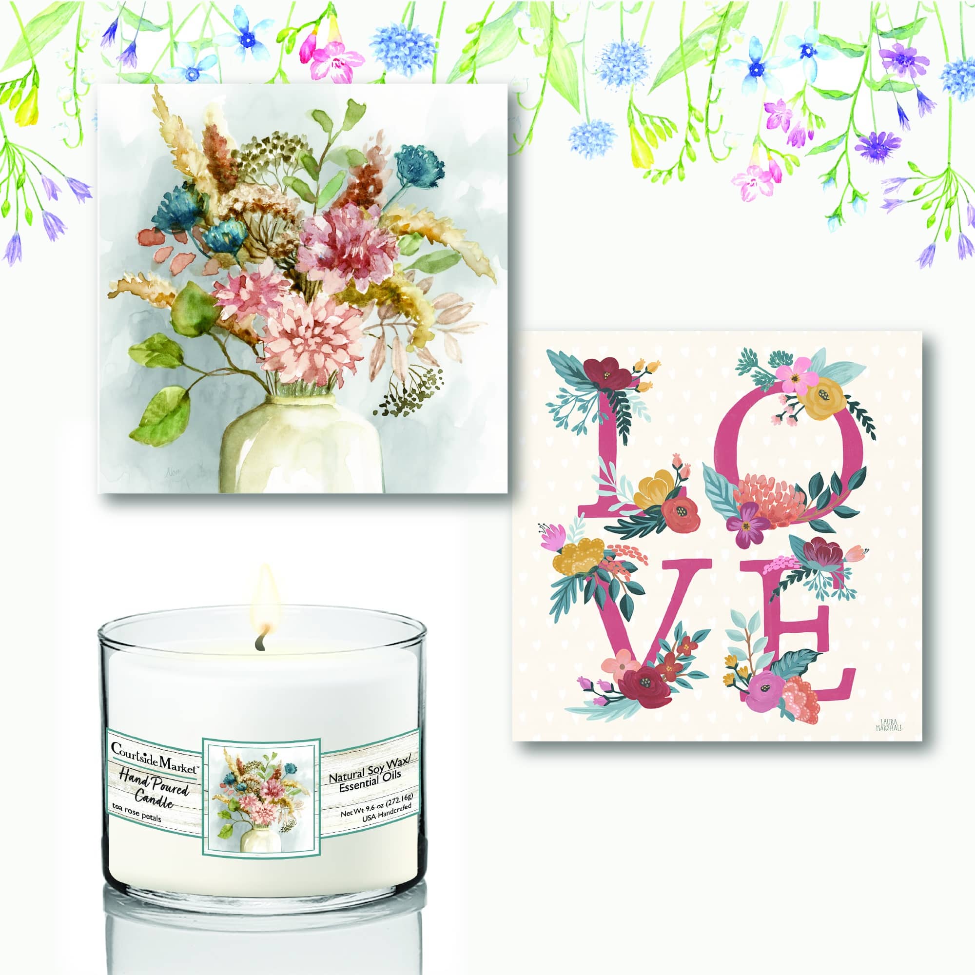 Hydrangea Retreat Canvas & Organic Soy Wax Candle Set