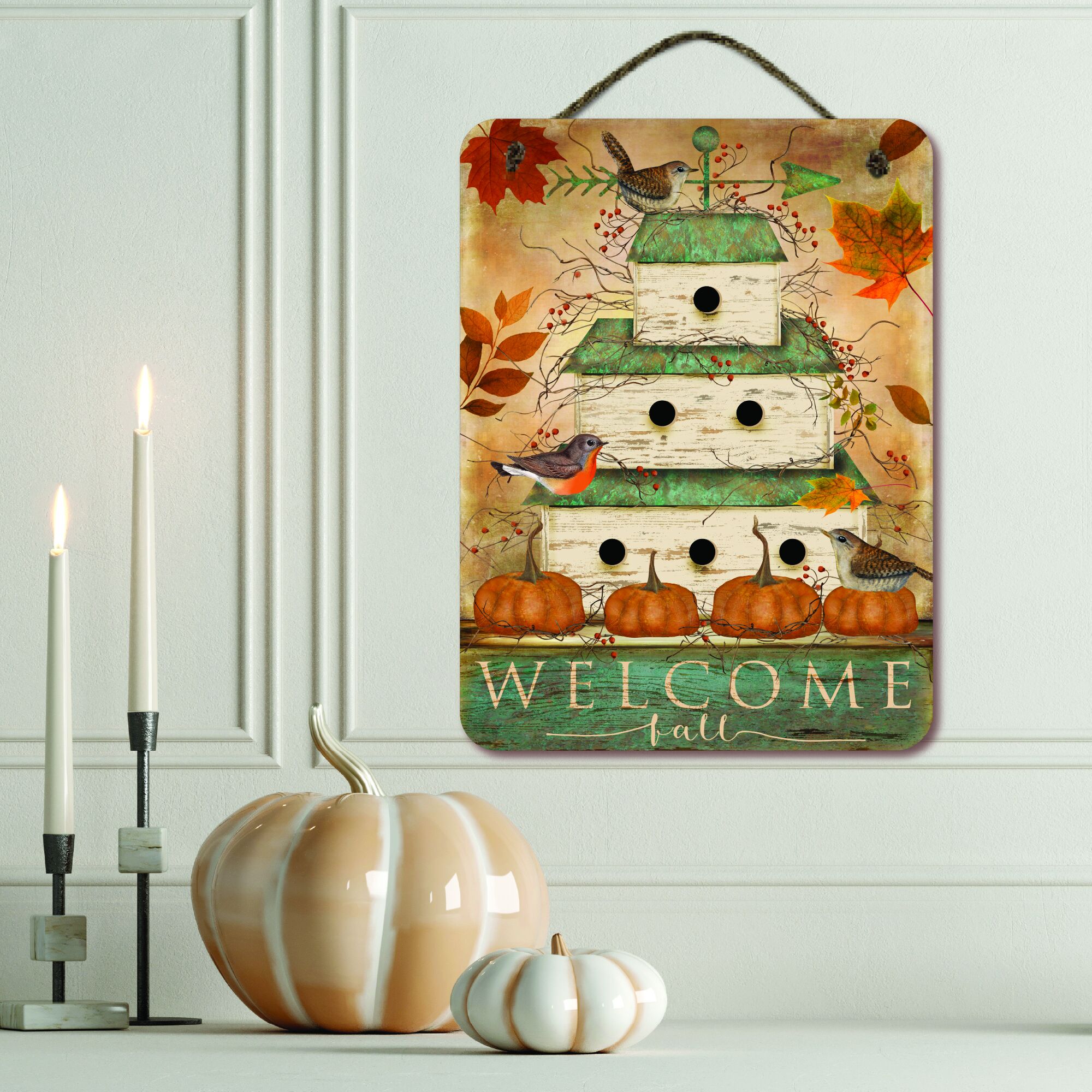 Welcome Fall Birdhouse 12x16 Hanging Artboard with Twine