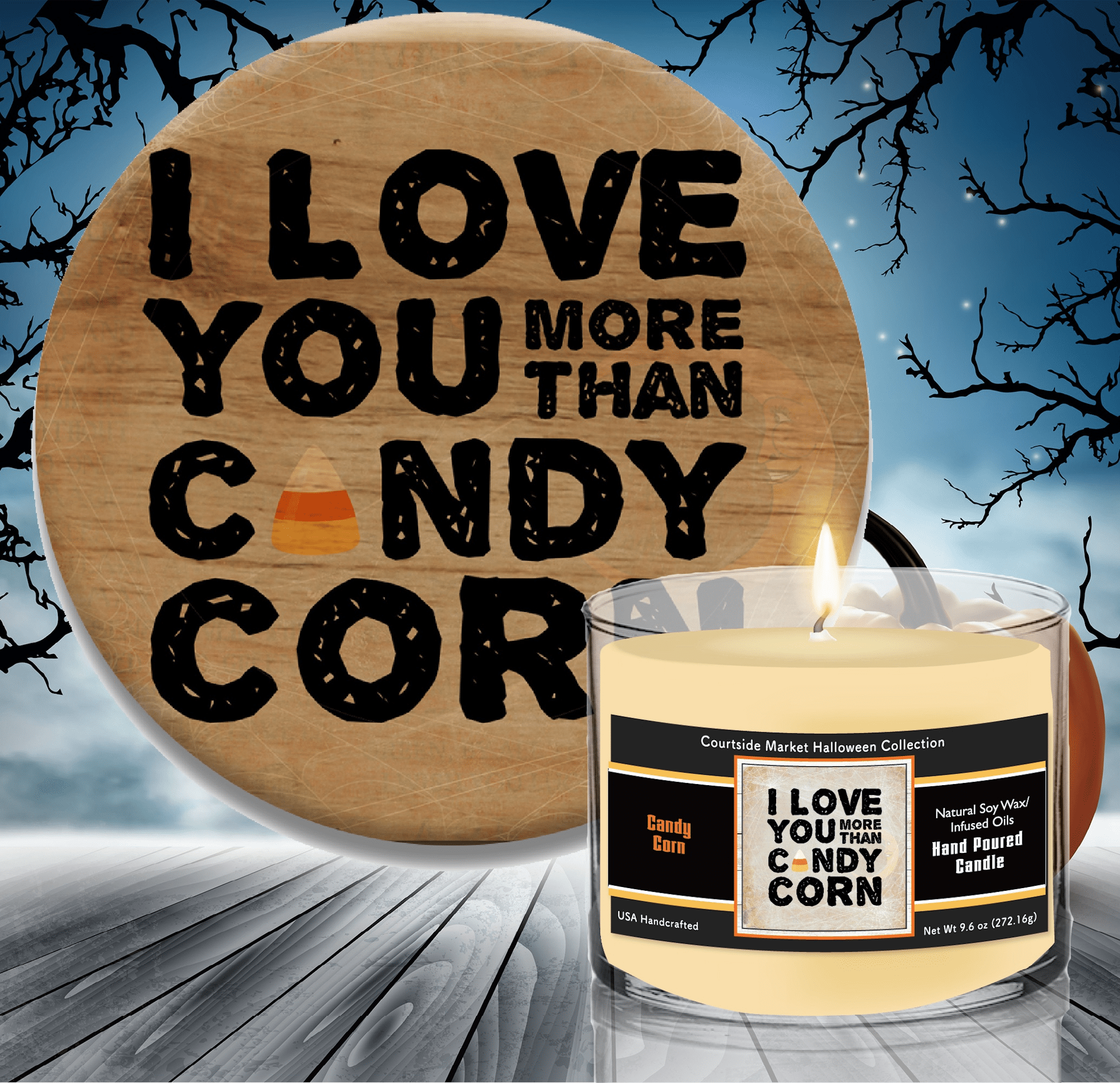 I Love You More Than Candy Corn ~ 9.6oz Candy Corn Fragrant Soy Wax Candle & 8" Wooden Artboard Wall Decor