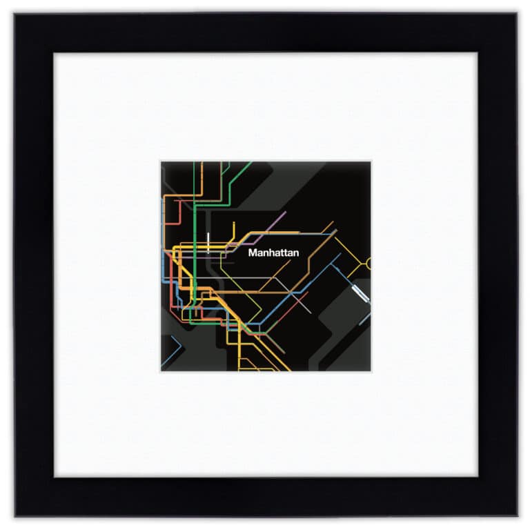 MTA Collection Manhattan Subway, Black Map 12″x12″ Framed and Matted Art