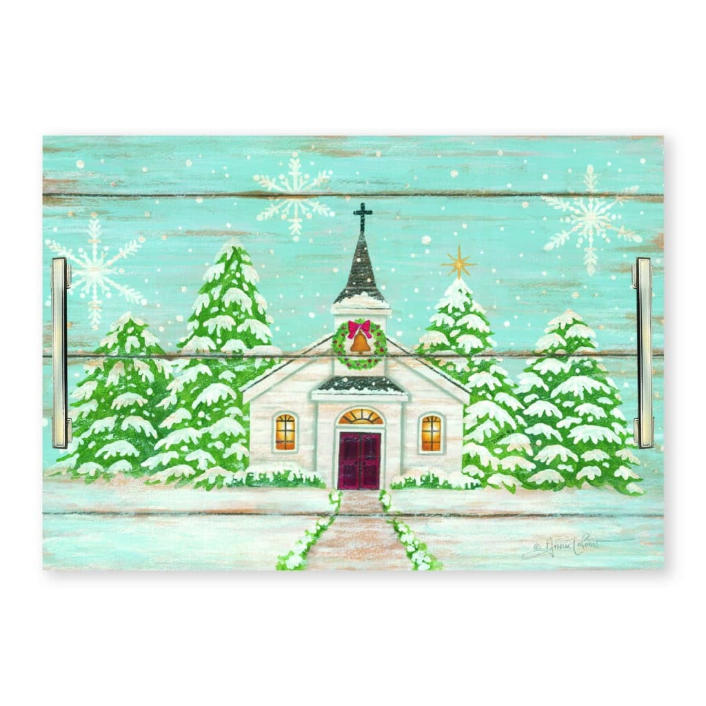 White Chirstmas Chapel 14″x20″ Indoor/Outdoor Decorative Tray