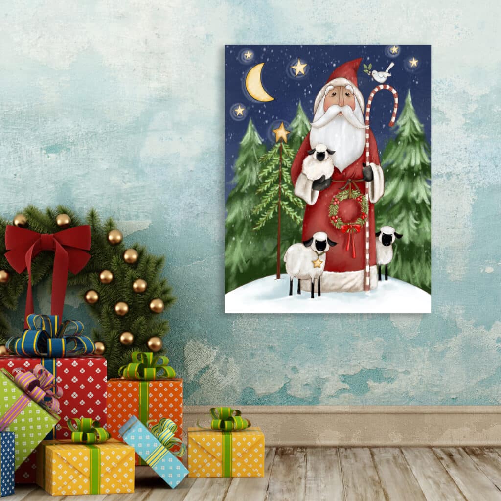 Prim Santa with Tree Gallery-Wrapped Canvas