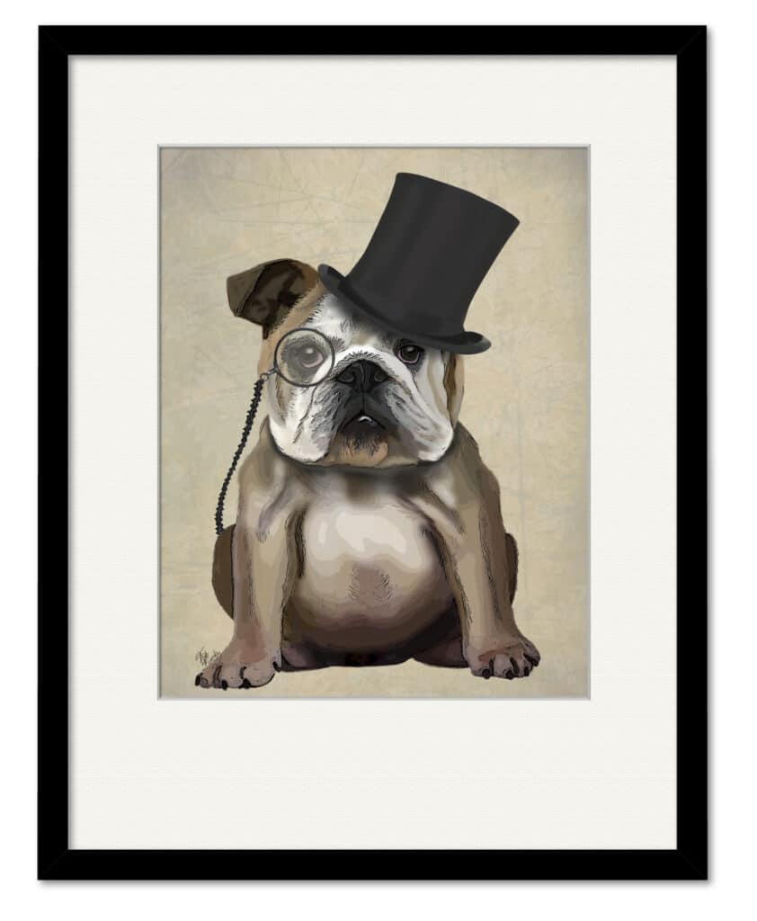 English Bulldog, Formal Hound and Hat 16″x20″ Framed and Matted Art